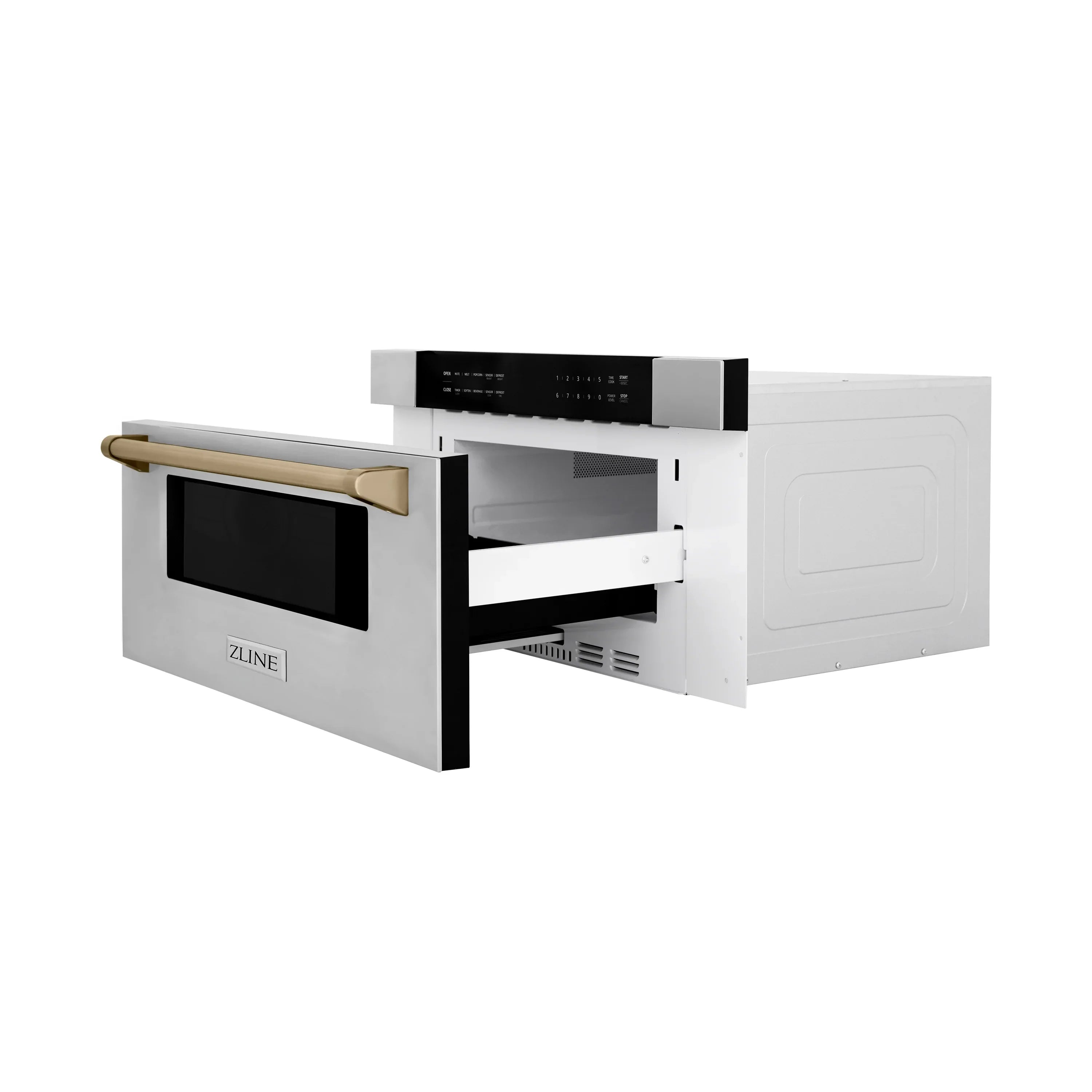 Open stainless steel microwave drawer with black window and champagne bronze handle