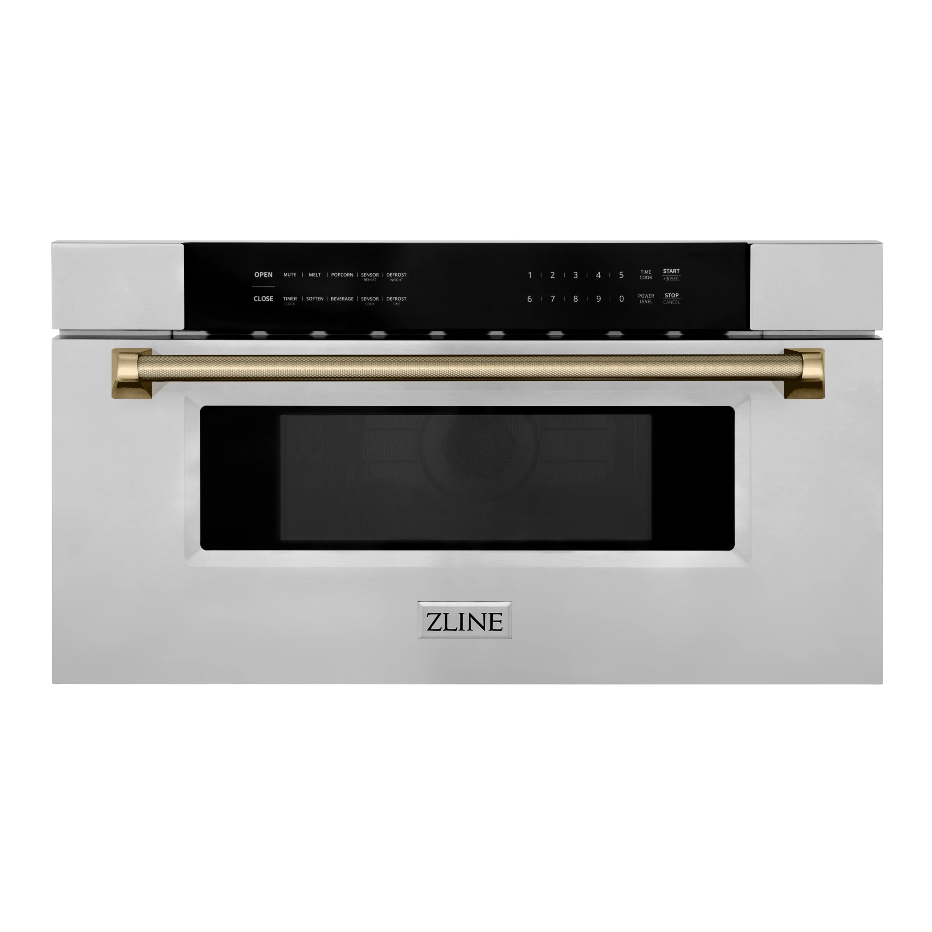 Stainless steel microwave drawer front with champagne bronze bar handle and open door
