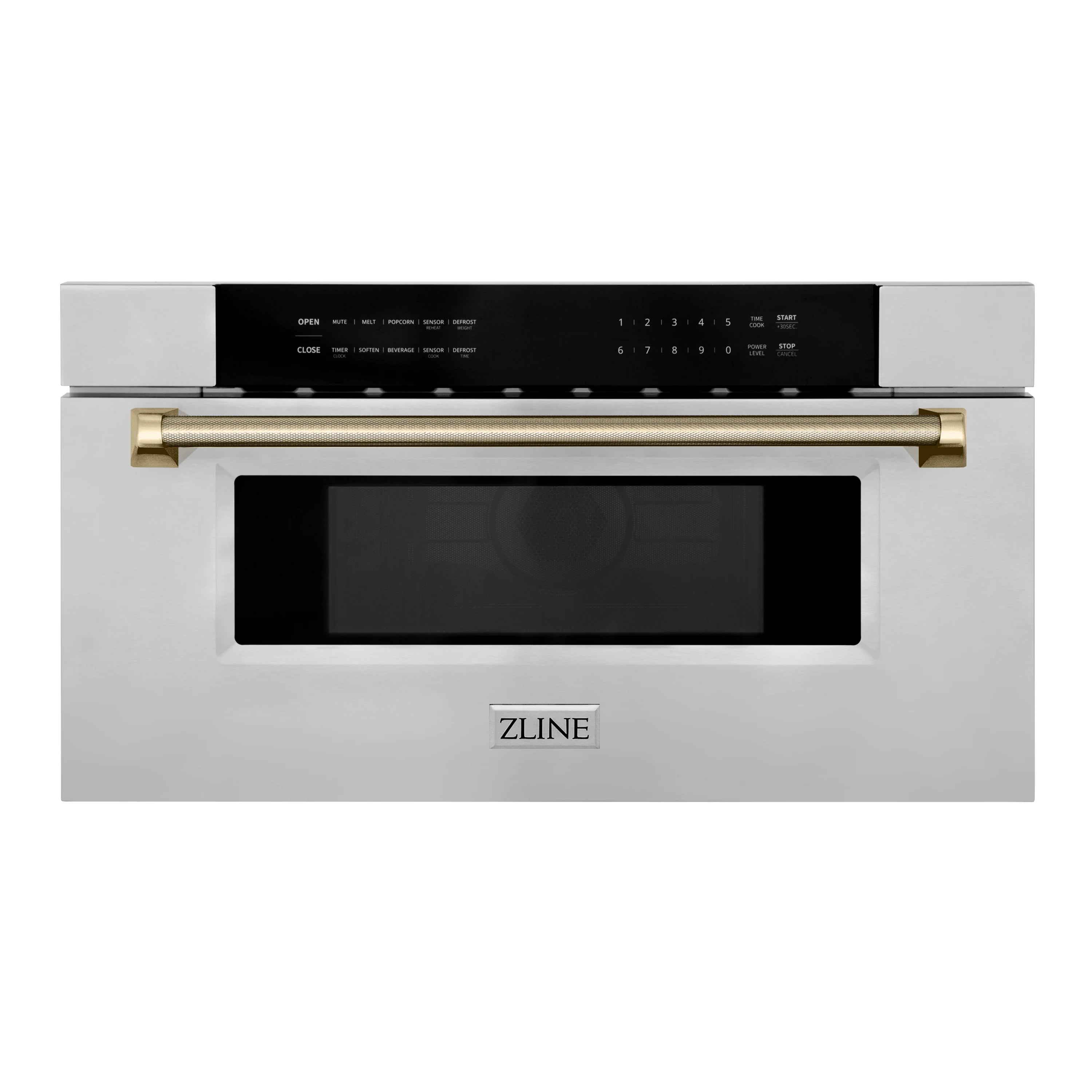 Stainless microwave drawer with gold bar handle and black display control strip