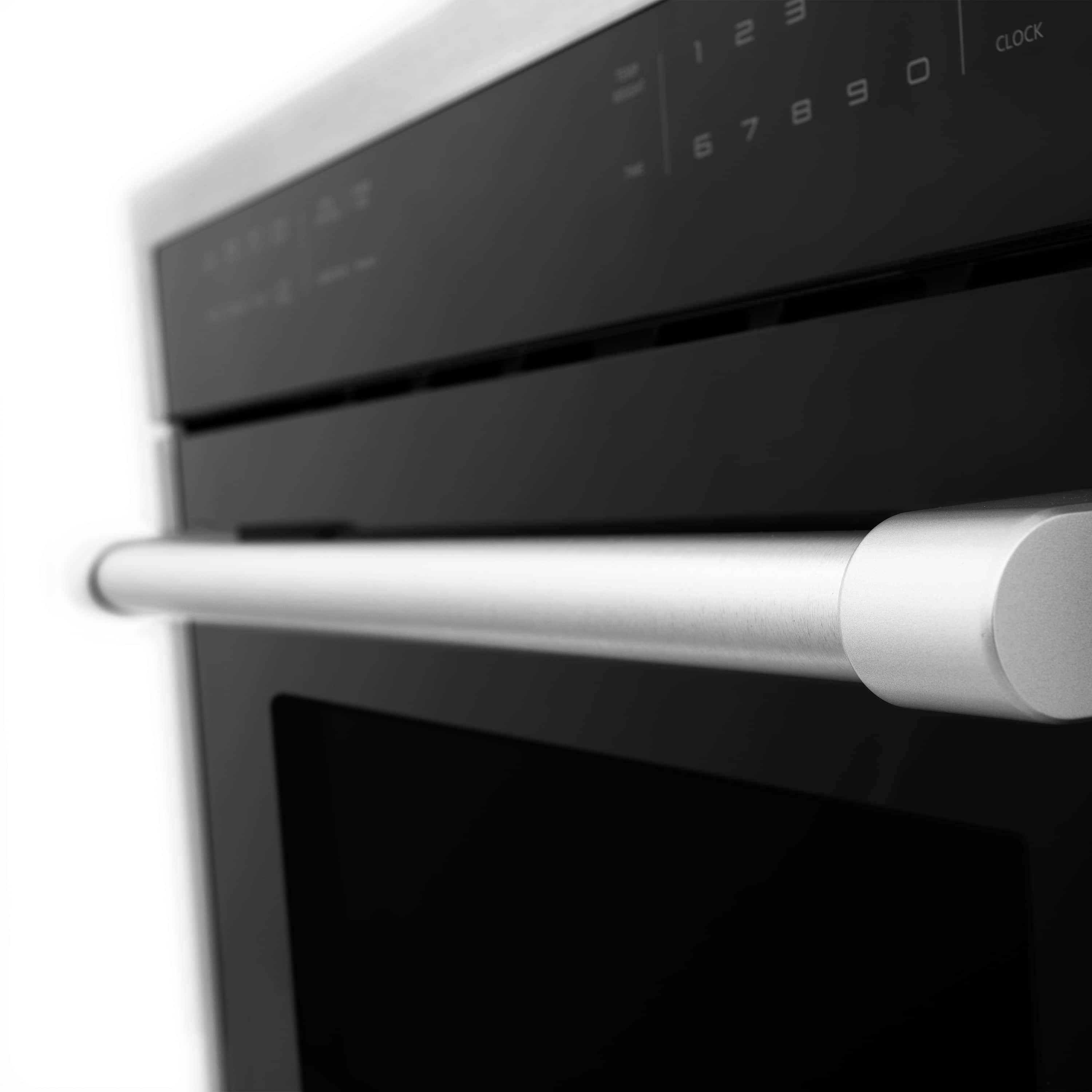 Microwave oven handle with touch control buttons on black display panel
