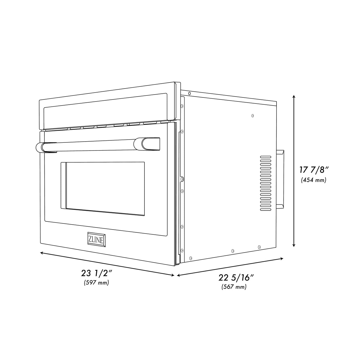 Built-in convection microwave oven, satin stainless steel side view with open door