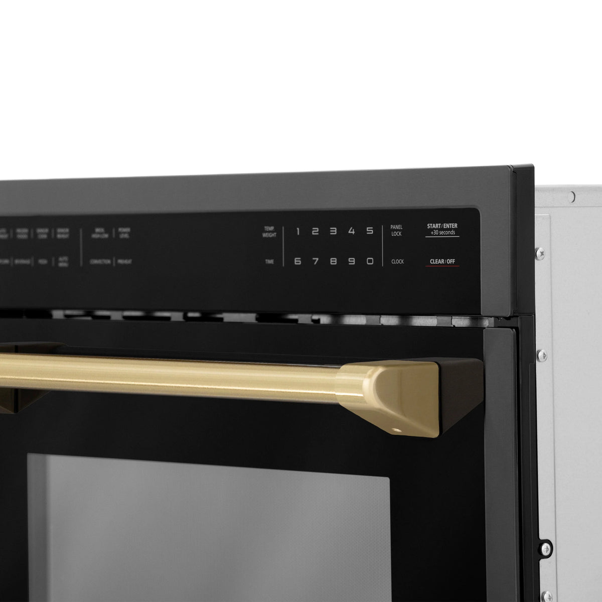 Microwave control area close-up with button layout and champagne bronze handle detail.