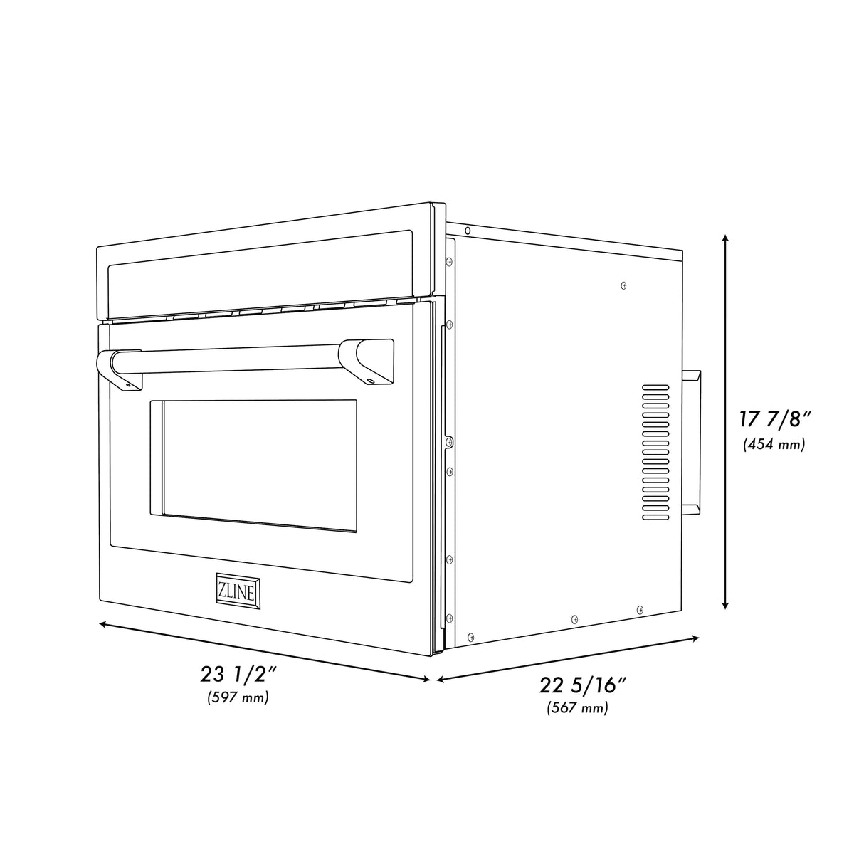 Microwave oven cutaway line drawing with dimensions shown for built-in installation.
