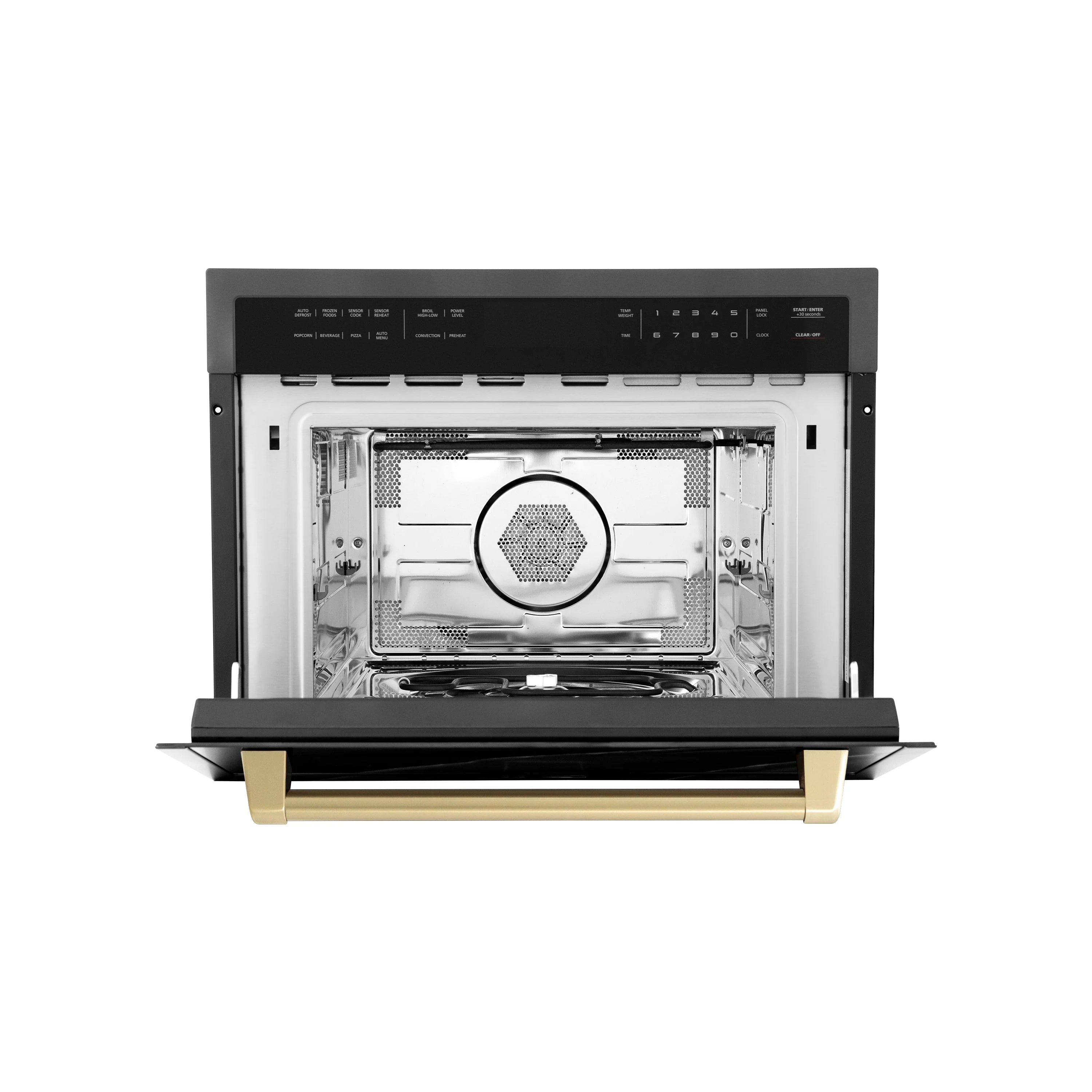 Built-in convection microwave oven with interior cavity and mesh fan cover visible.