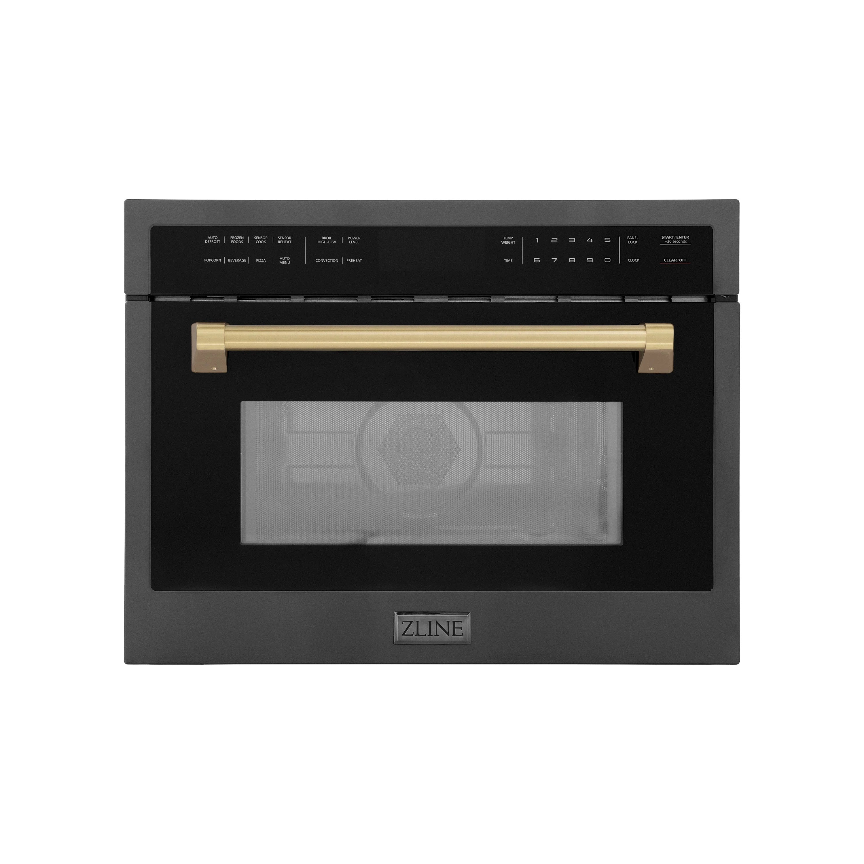 Built-in convection microwave oven front view, black door and champagne bronze handle bar.