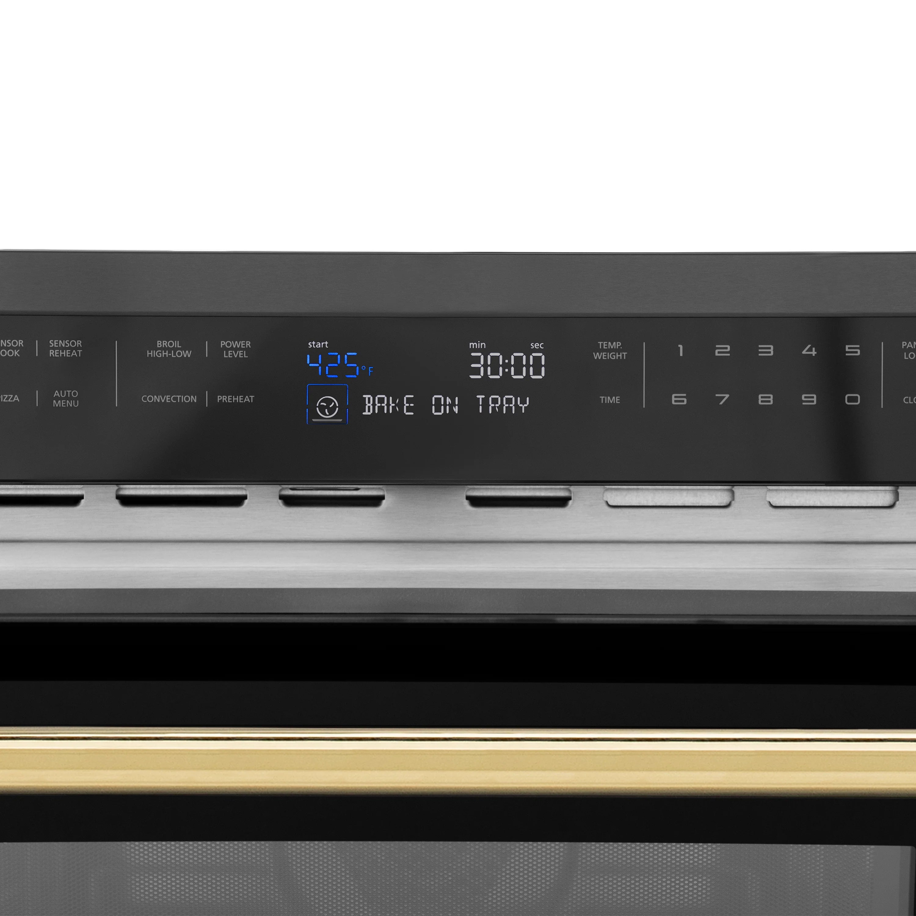 Microwave control panel with digital display and buttons above the gold handle bar