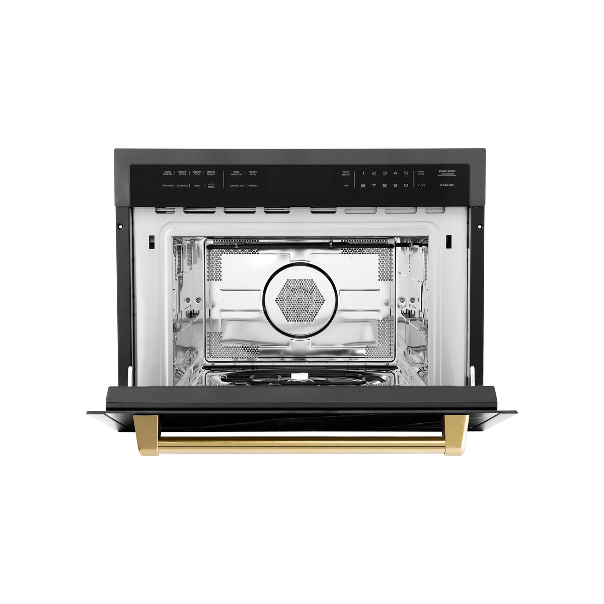 Convection microwave oven with door open, showing grill area and gold front handle