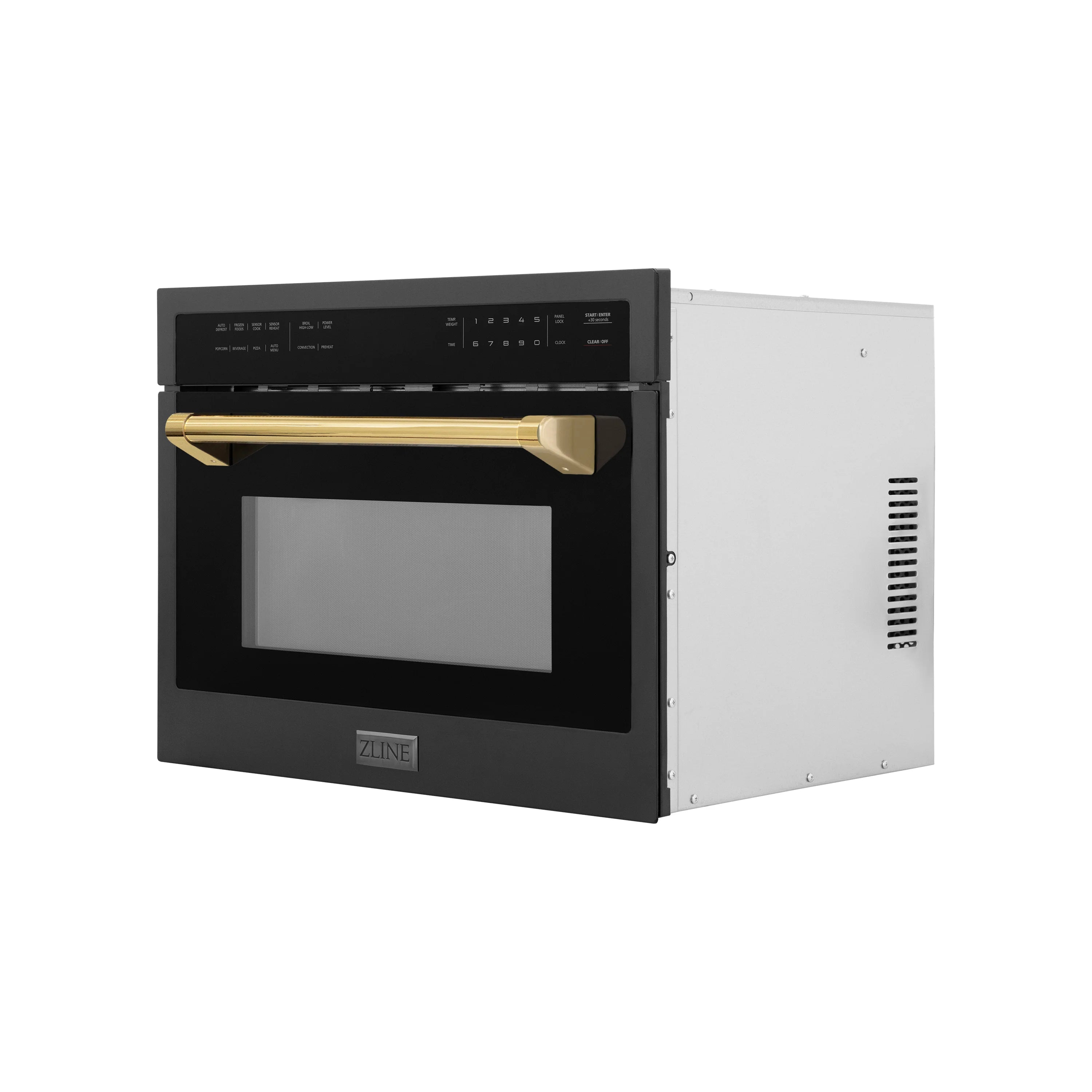 Black built-in microwave with gold handle accents and closed door window