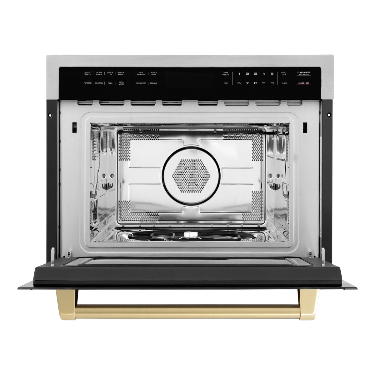 Microwave oven interior cavity with turntable, stainless walls, and champagne bronze front rack