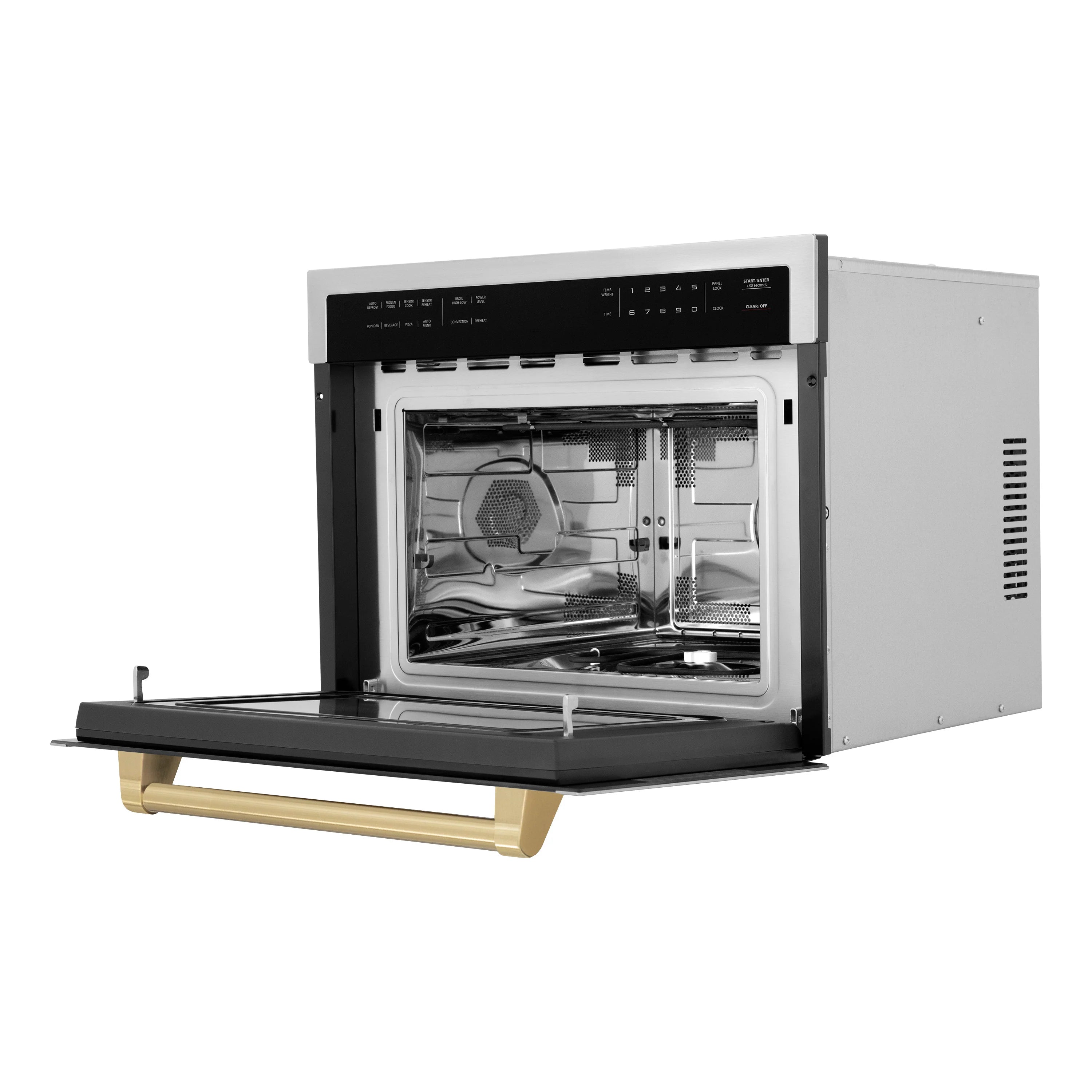 Built-in convection microwave oven with open door, stainless body and champagne bronze handle