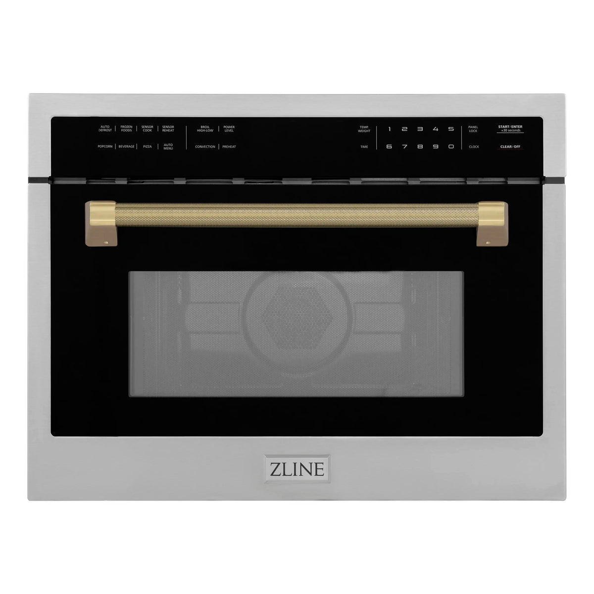 Microwave oven with black glass door panel and champagne bronze handle