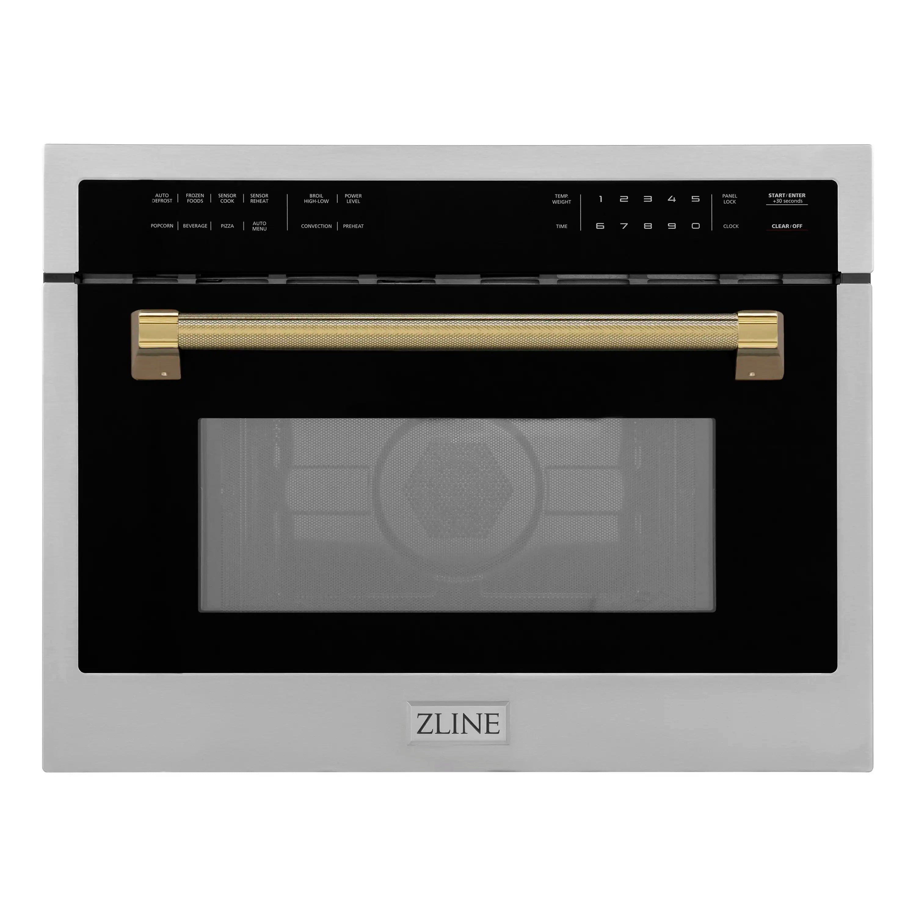 Stainless steel microwave with black window and polished gold handle, front view