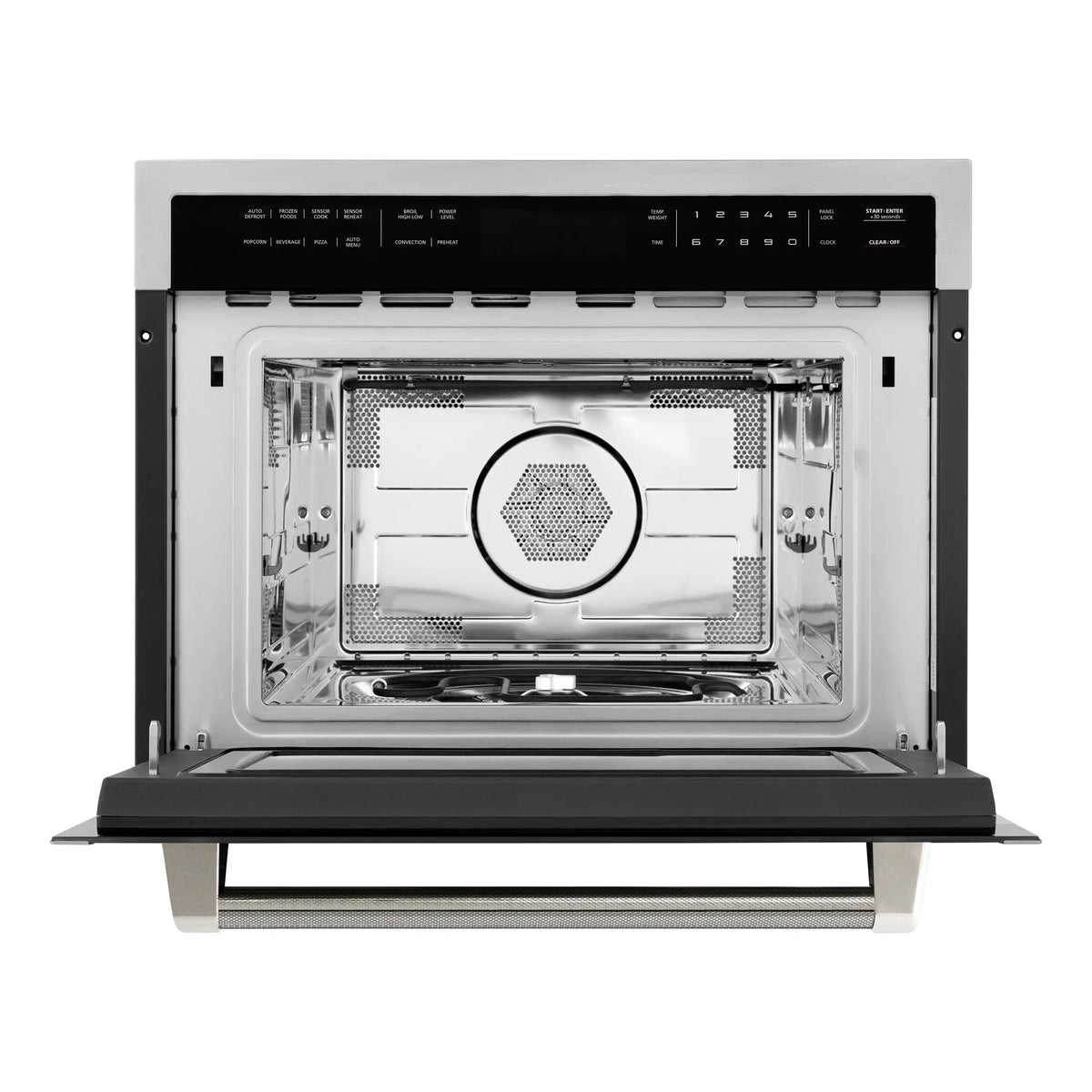 Microwave oven door open showing interior cavity and circular mesh speaker grille