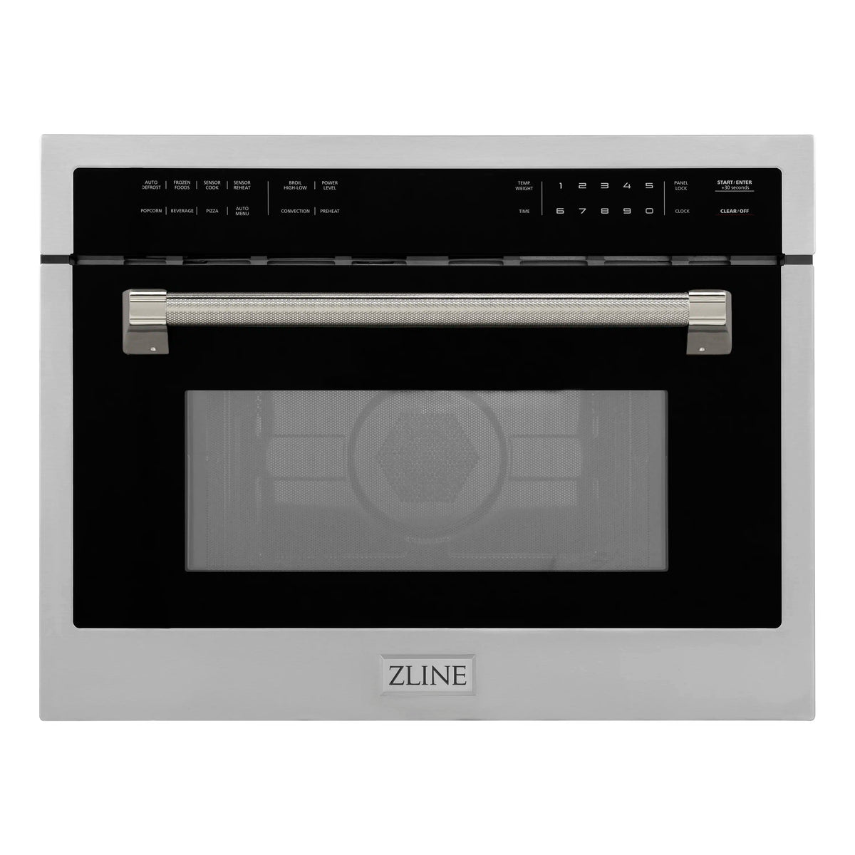 Stainless steel microwave oven with control panel and polished nickel handle