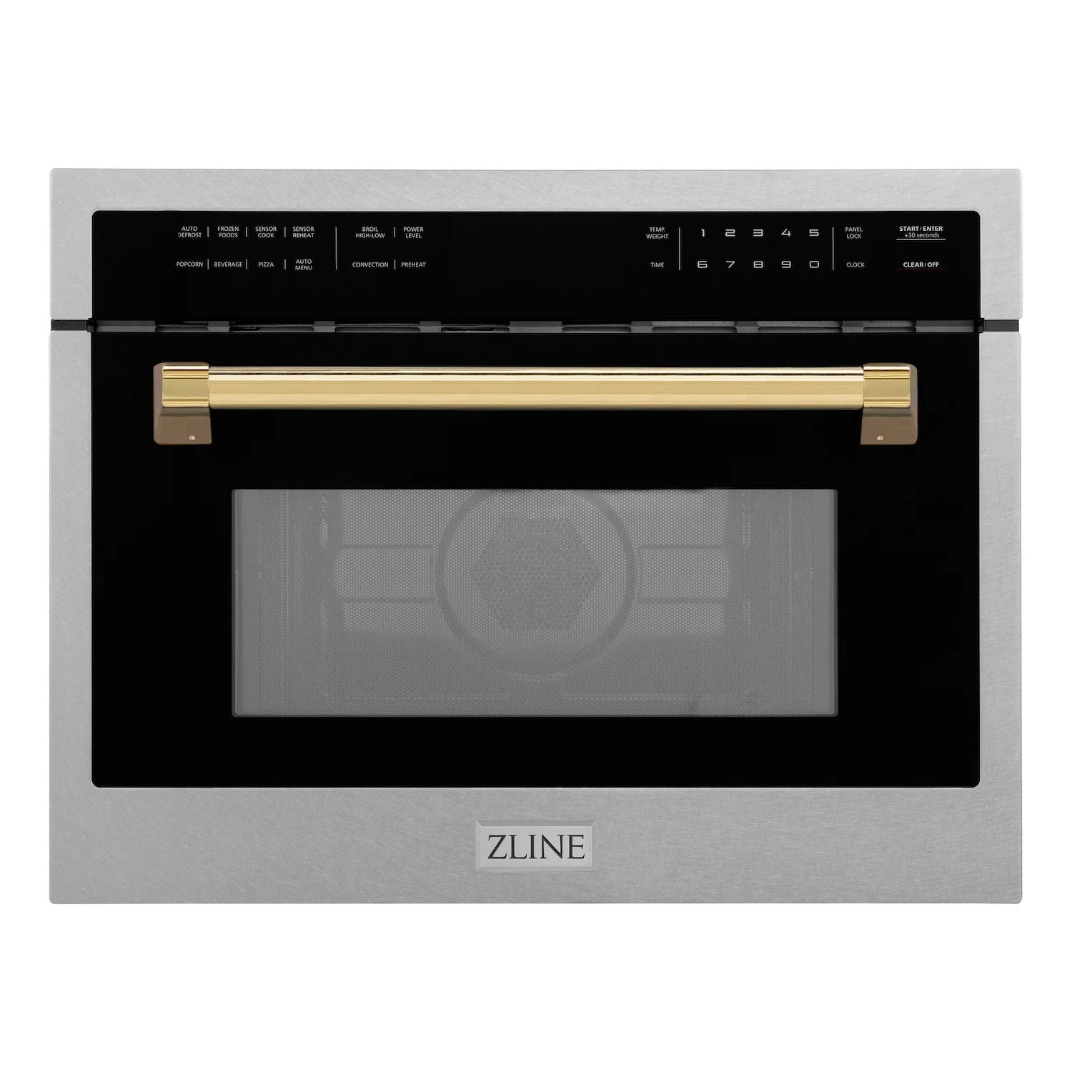 Front view of satin stainless steel 24-inch microwave with gold accent handle