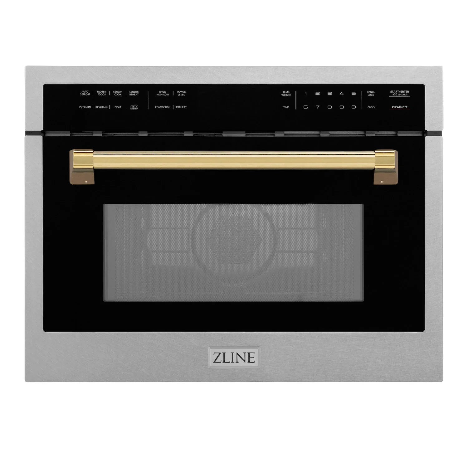 24-inch microwave oven with satin stainless steel finish and gold accent handle