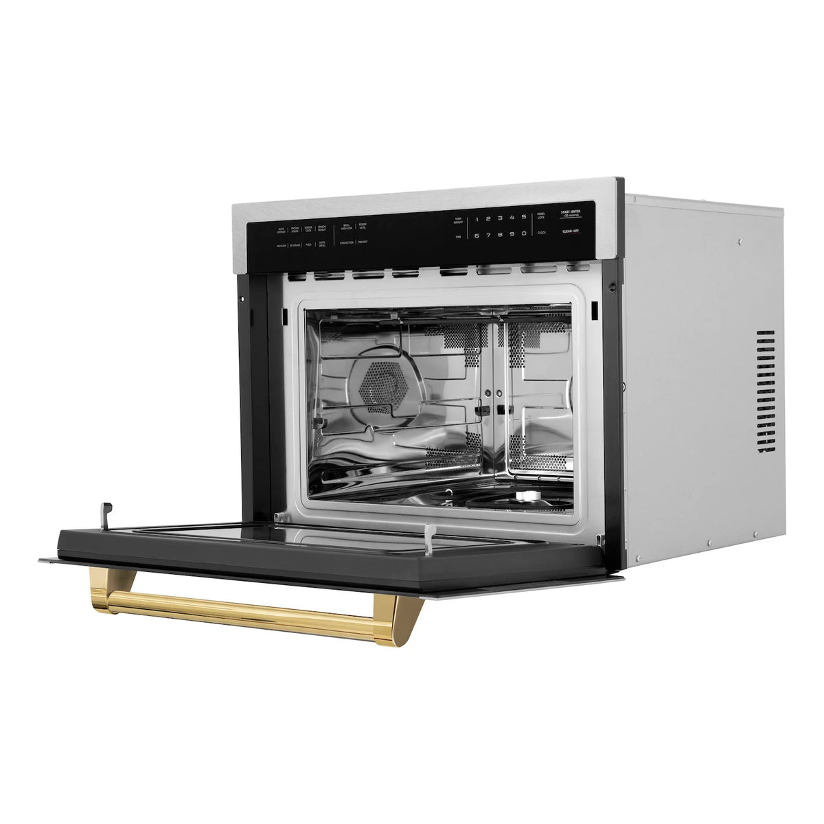 Open 24-inch microwave door showing interior with turntable and vent panels