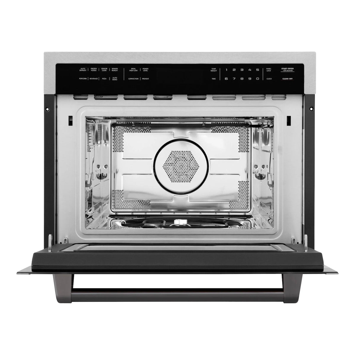 Microwave oven with open door revealing a stainless interior cooking cavity