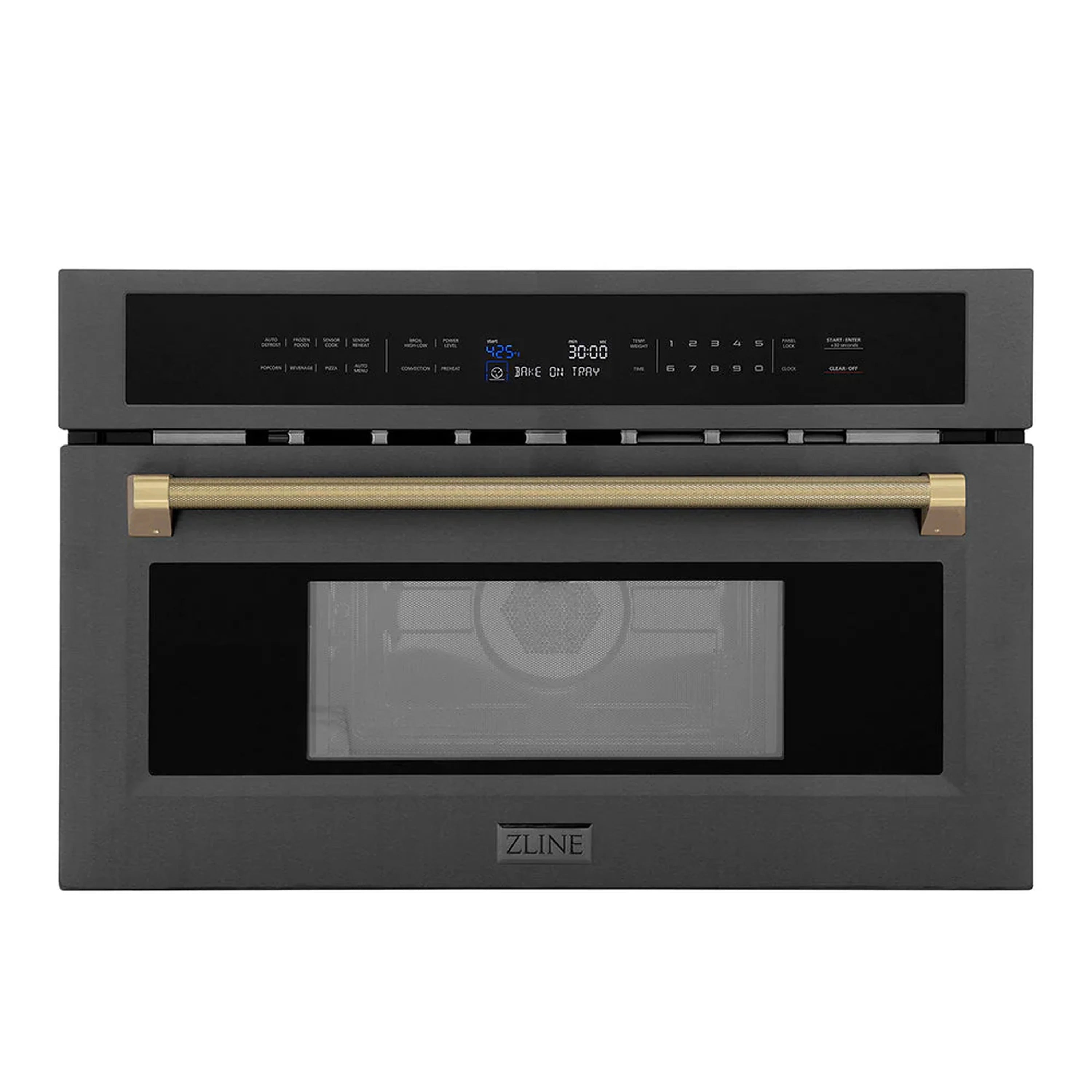Black stainless microwave oven with champagne bronze helix handle and control panel