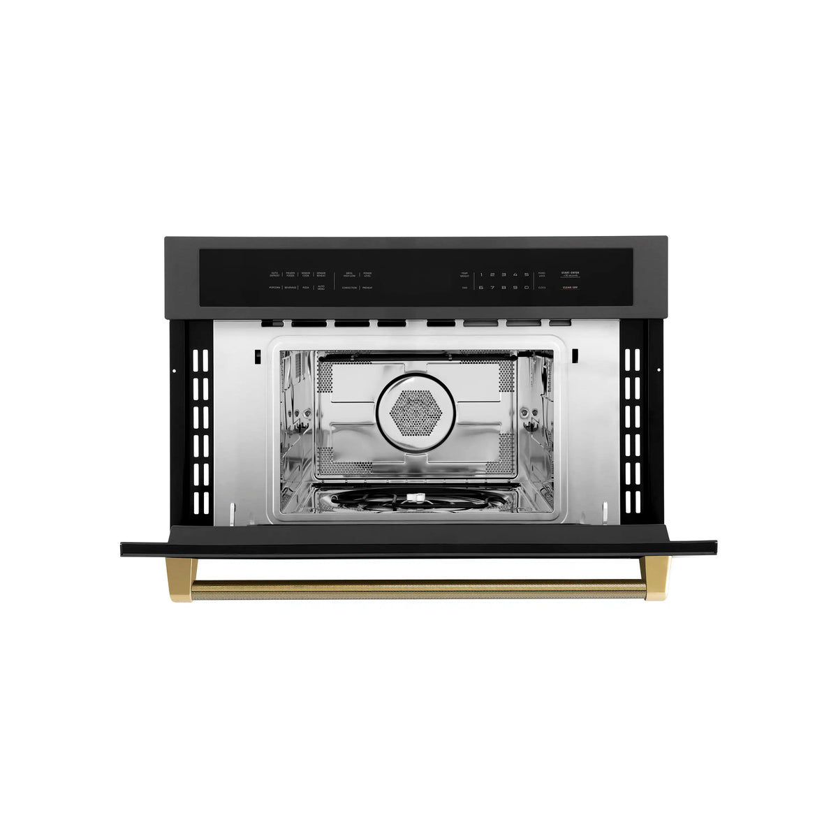Built-in microwave oven with open door showing interior cavity and circular wave guide