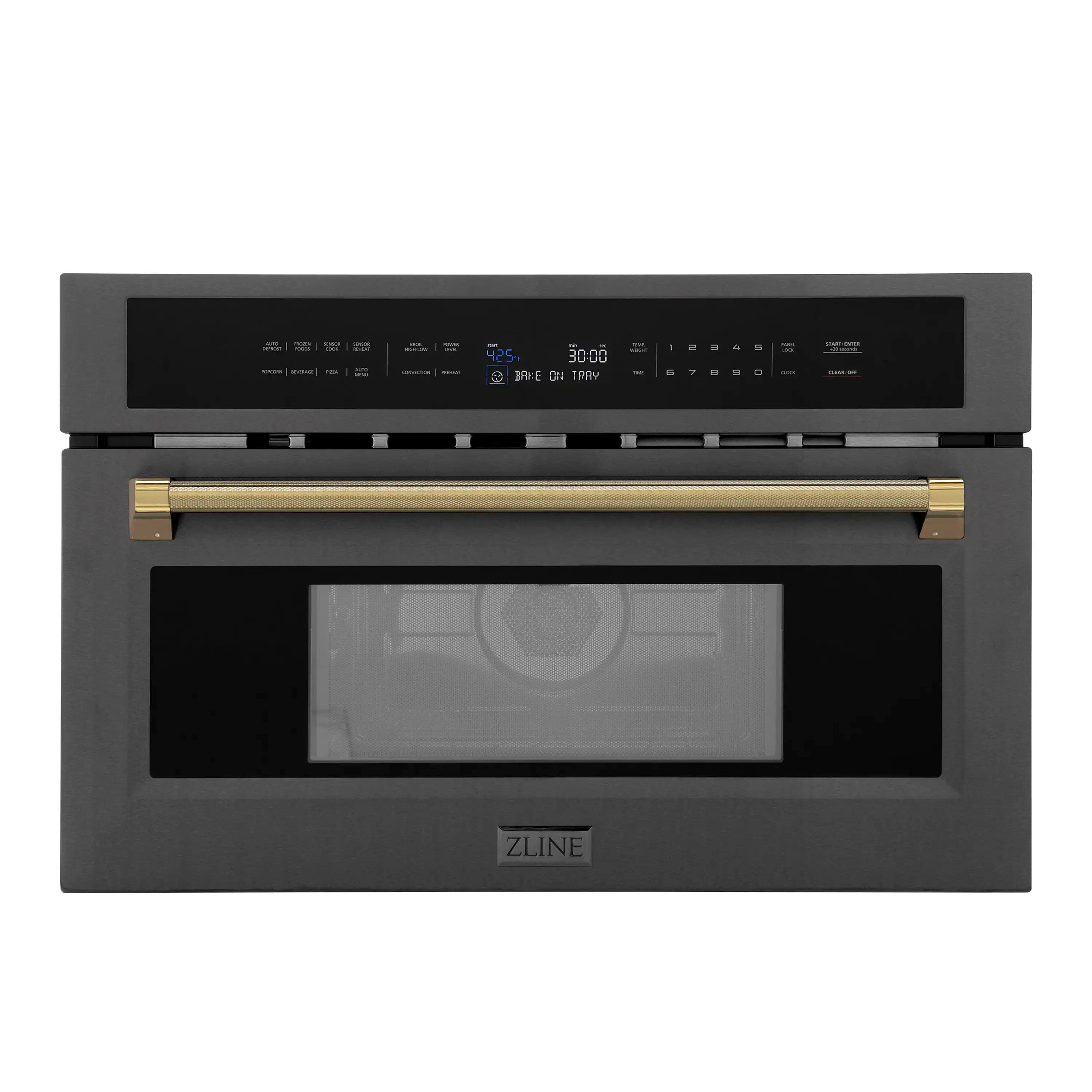 Built-in microwave oven with black stainless face, polished gold helix handle, front controls