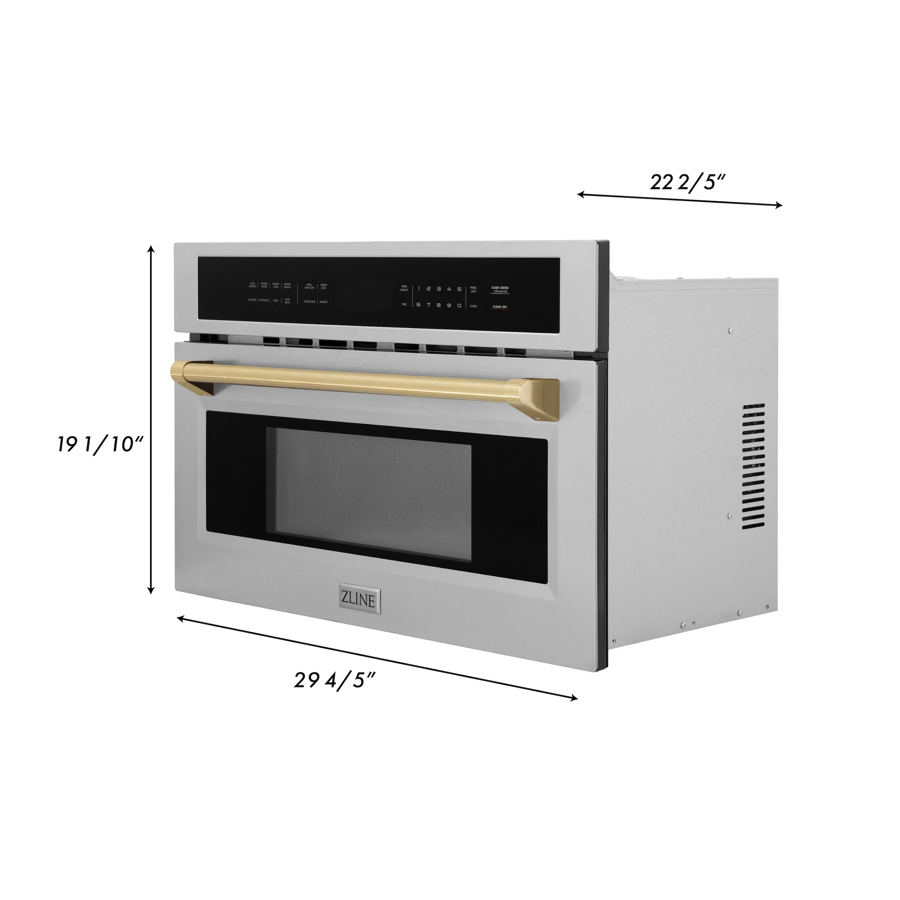 Stainless steel single wall oven with dimensions shown, dark door window, bronze trim