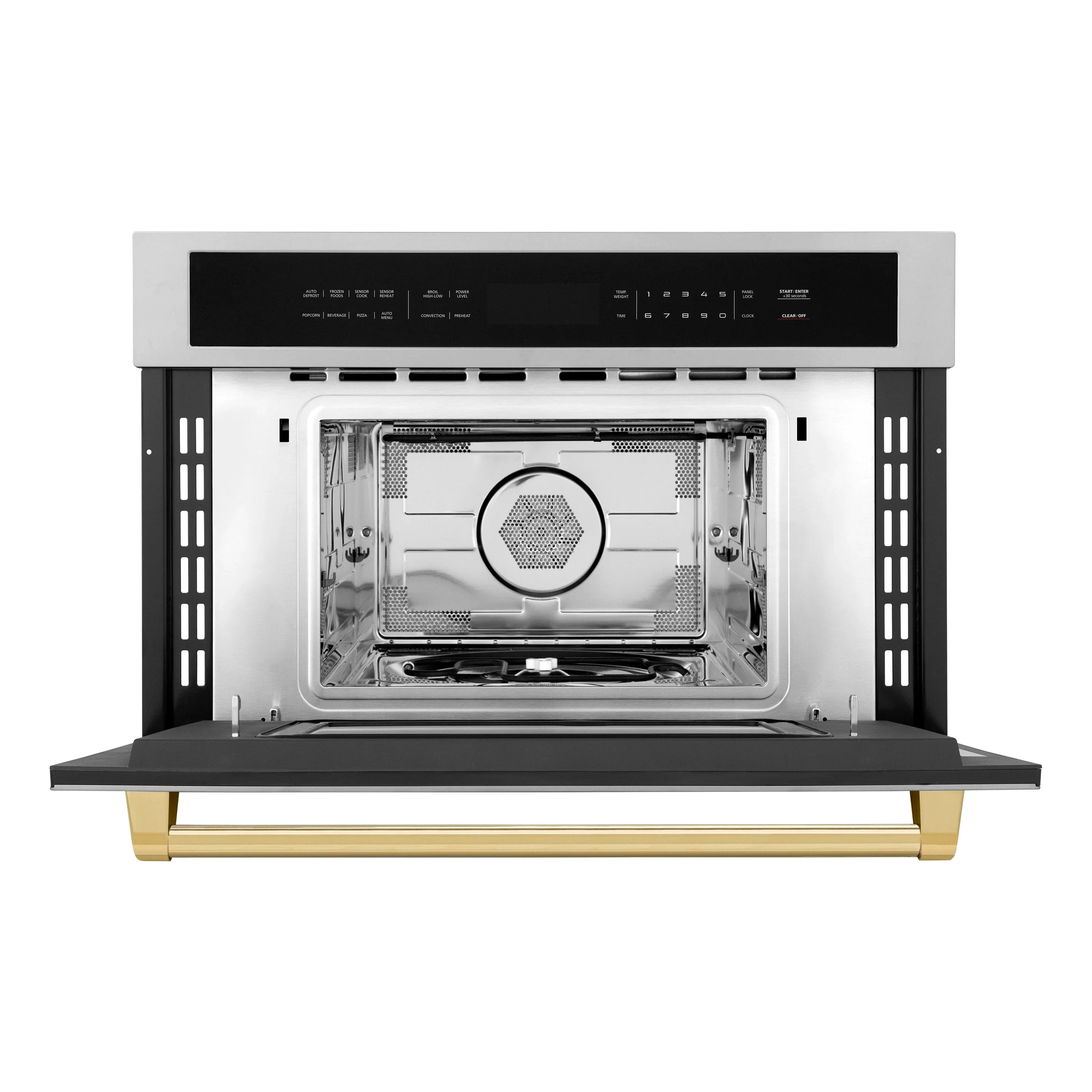 Stainless steel oven door open showing empty interior cavity and round convection fan