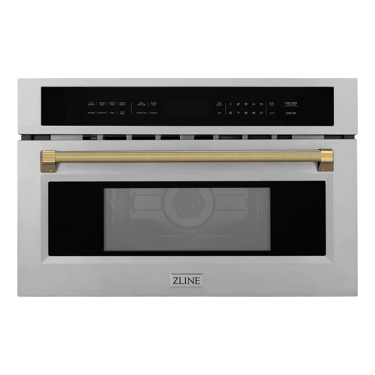 Built-in microwave oven with black glass control panel and polished gold handle
