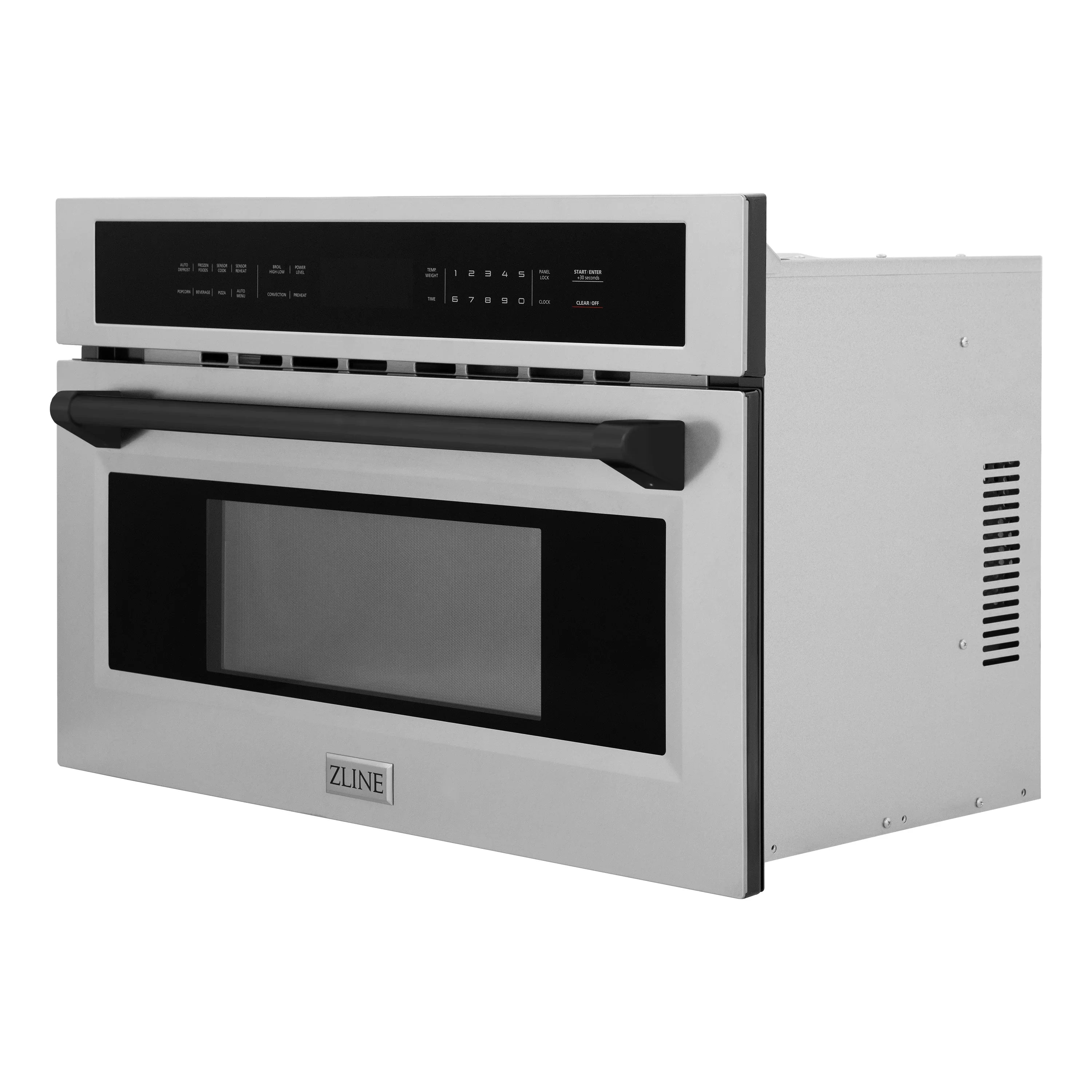 Stainless steel single wall oven with matte black trim and control panel