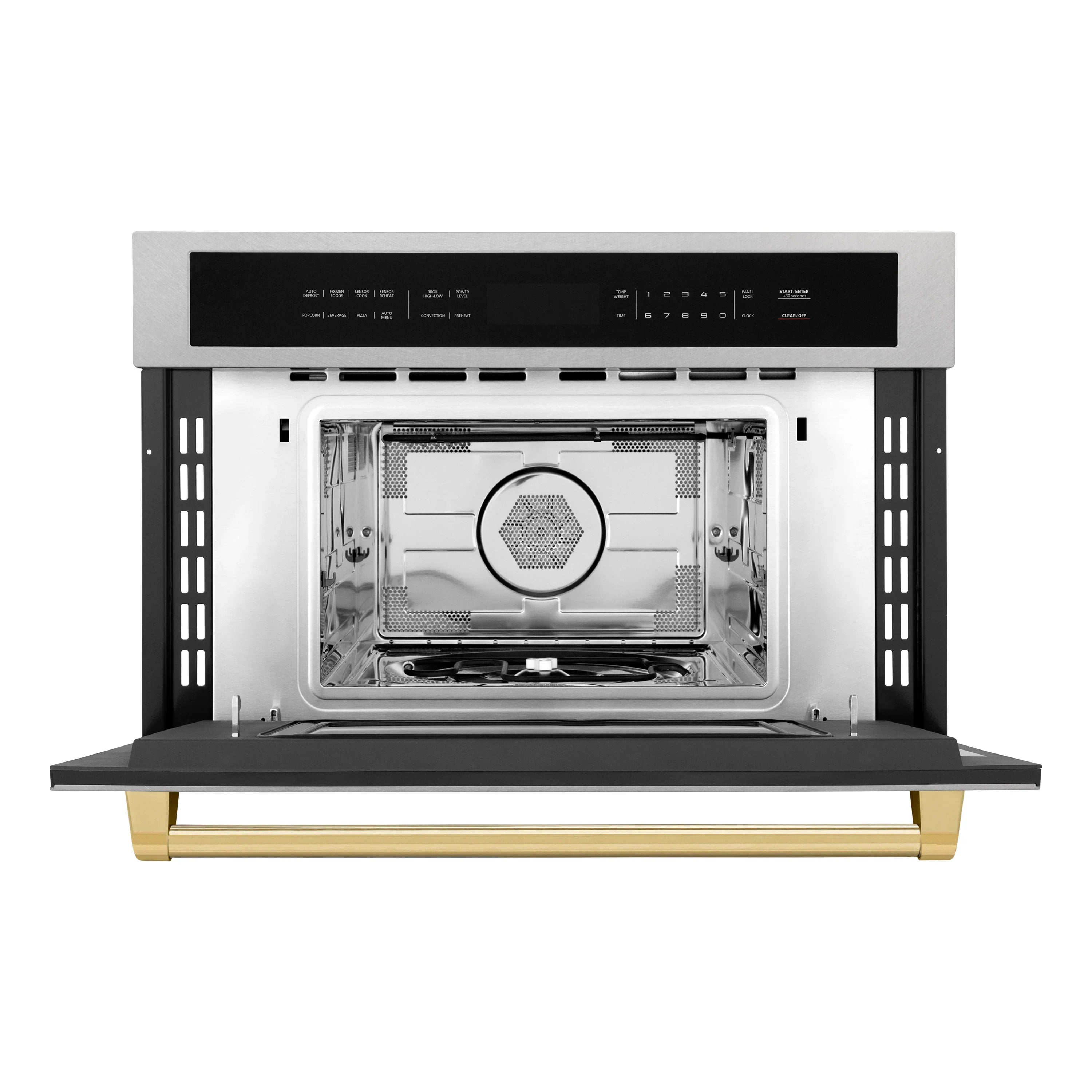 Wall oven open door showing interior rack and circular convection vent, gold handle trim
