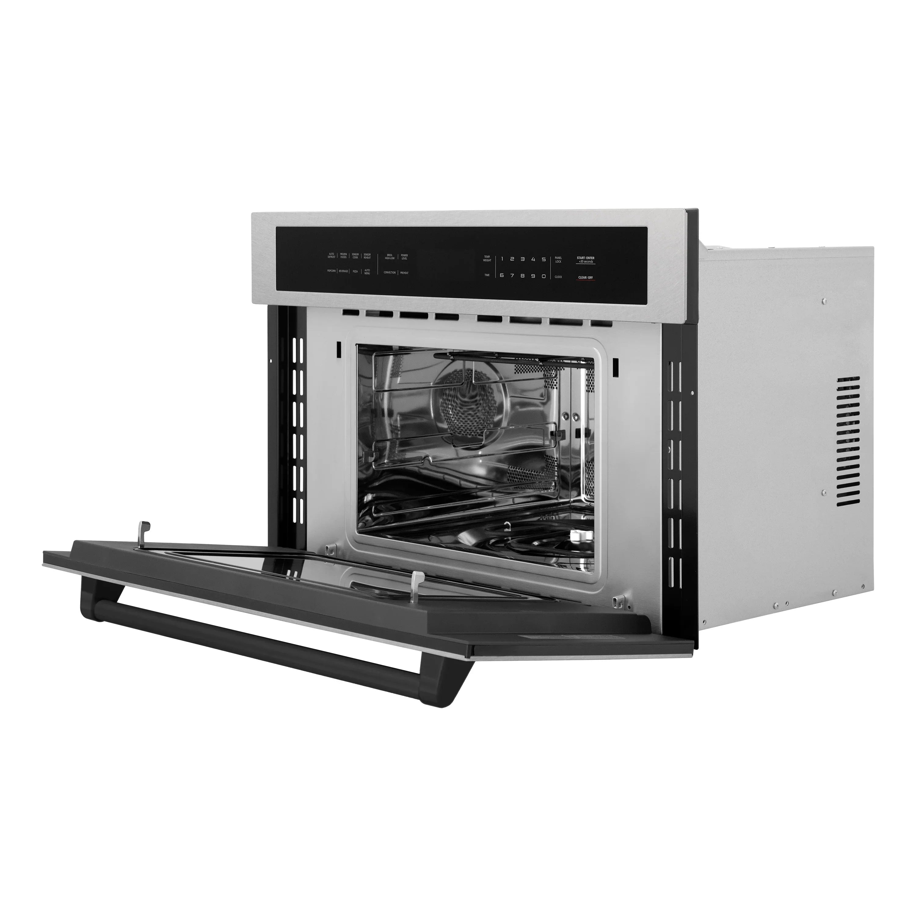 Built-in single wall oven open with bake tray, stainless interior and black handle