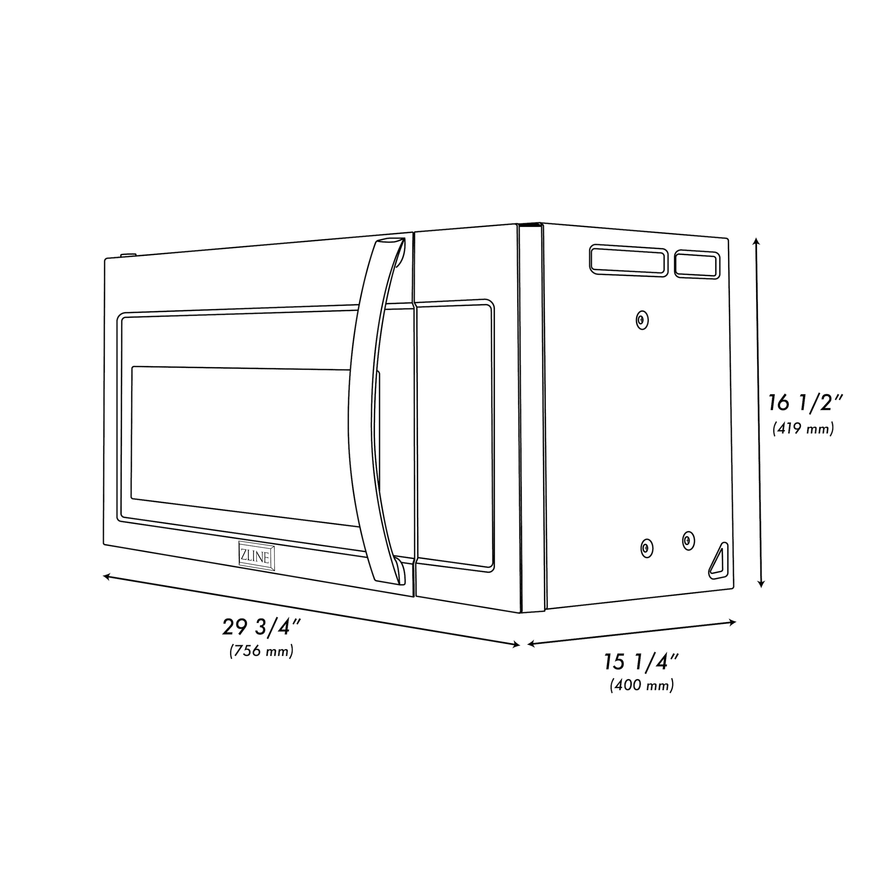Over-the-range microwave oven dimension diagram with door and control layout