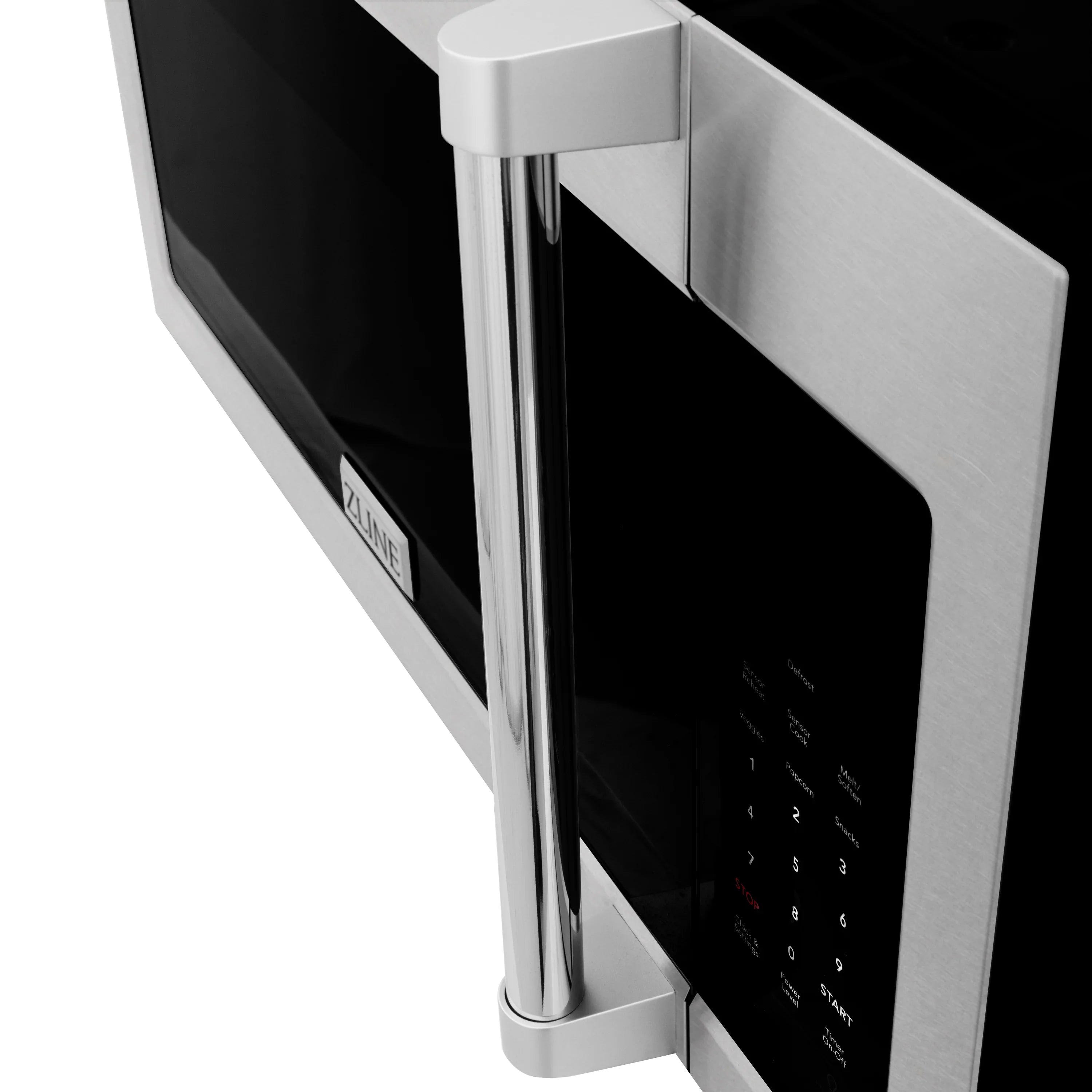 ZLINE over-the-range microwave with satin stainless steel vertical handle