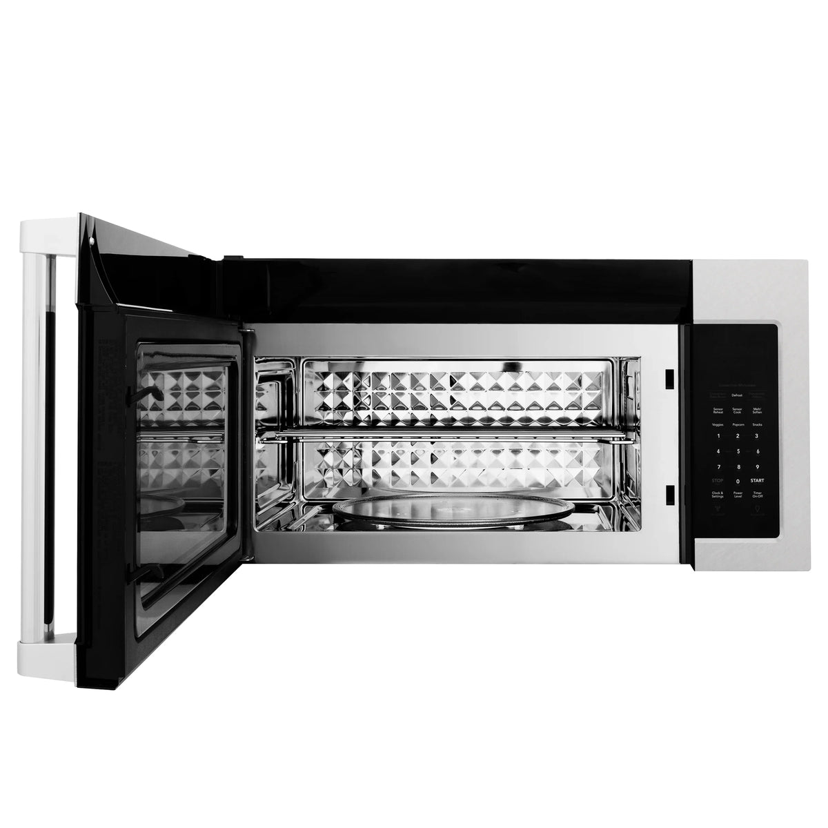 Double wall oven with open door and illuminated oven racks