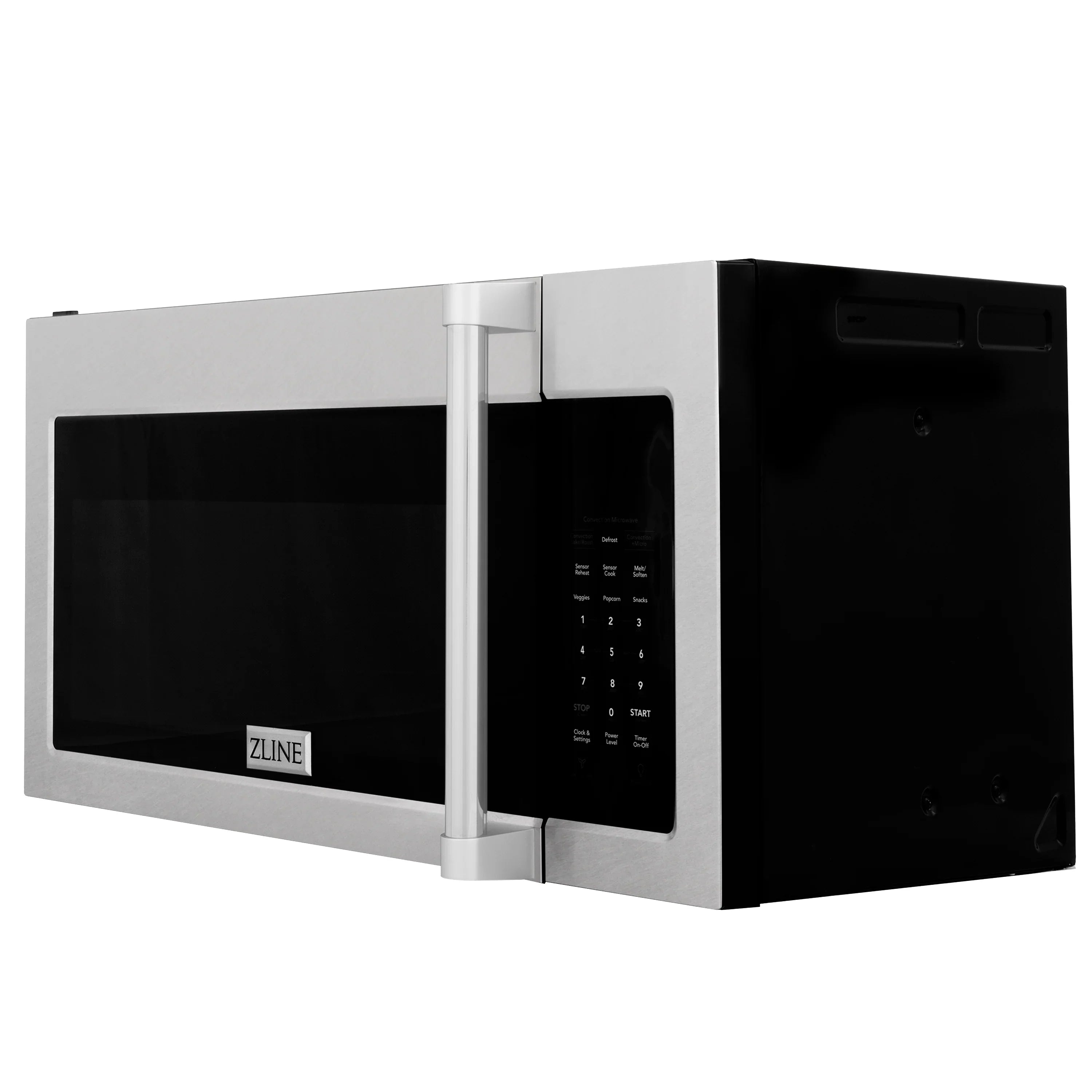 ZLINE over-the-range microwave with satin stainless steel trim and black glass door