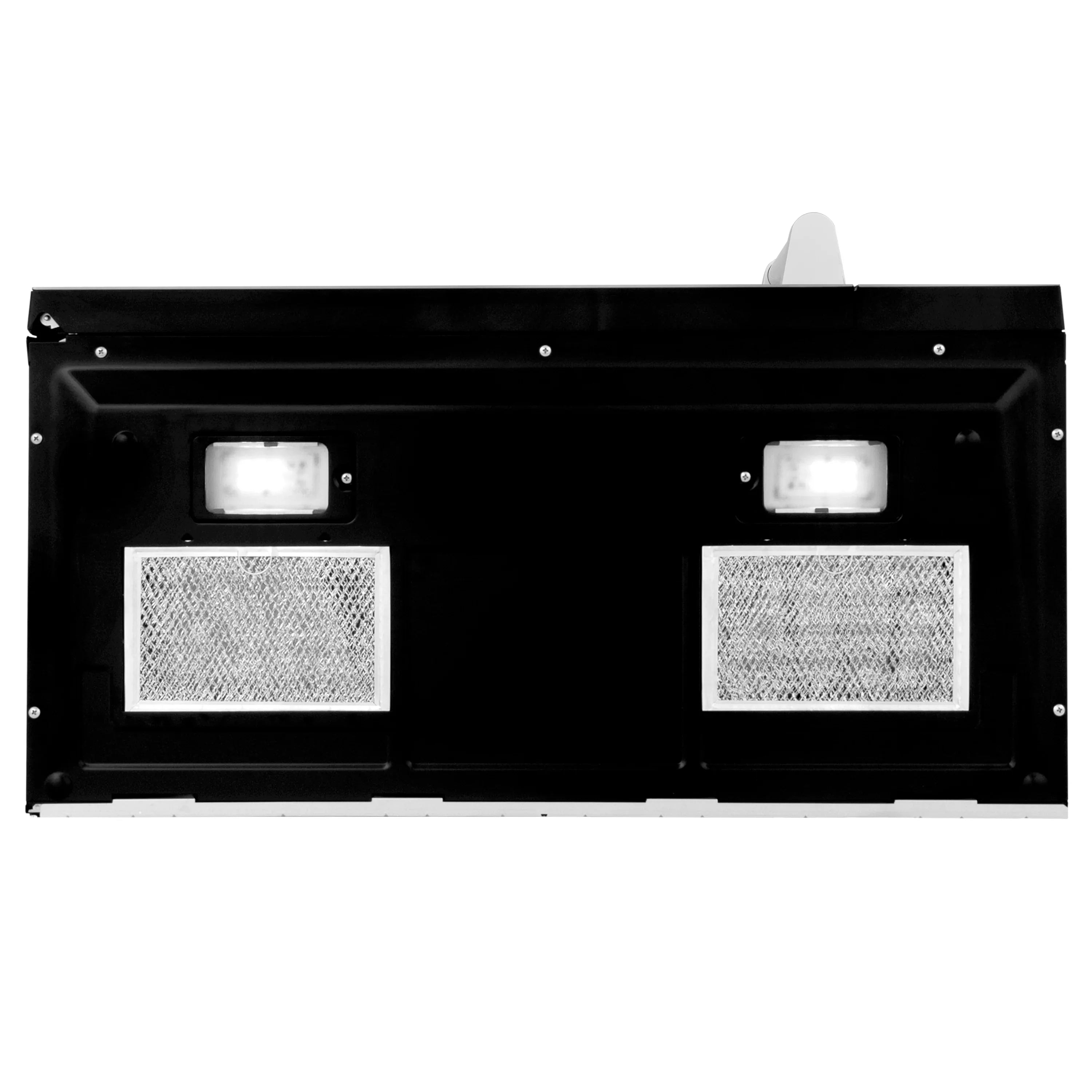 ZLINE over-the-range microwave hood underside with two lamps and mesh filter panels