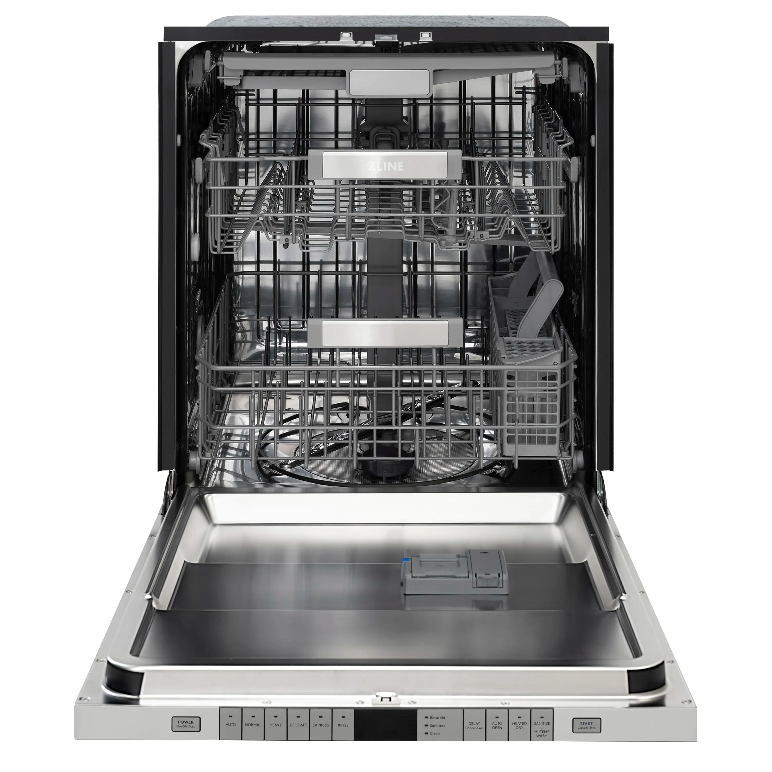 ZLINE 24-inch dishwasher with open door showing stainless interior racks and tub