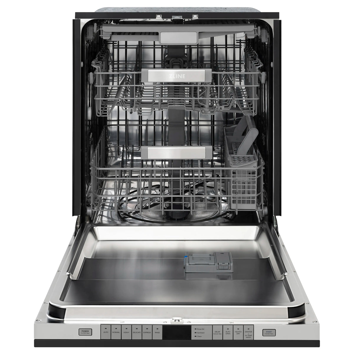 Open black matte dishwasher with stainless steel racks and empty wash tub