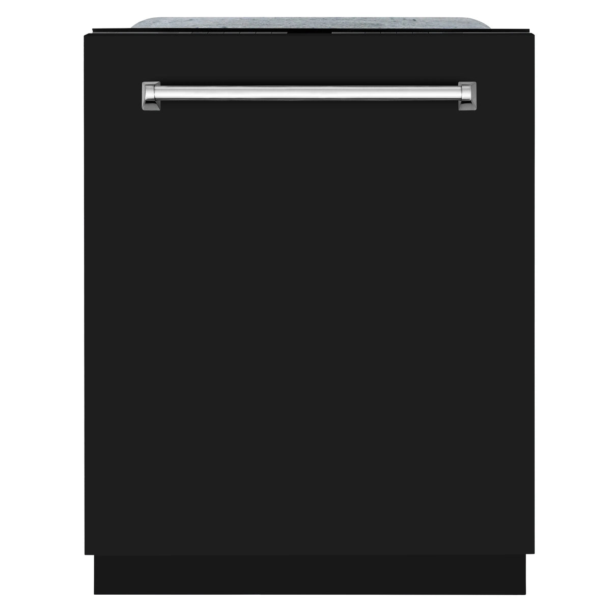 Black matte dishwasher door with silver bar handle, front view