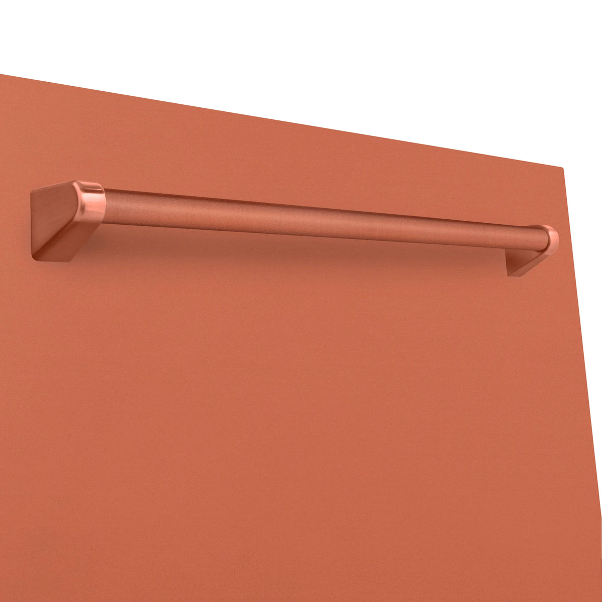 Copper dishwasher door handle detail with horizontal bar design