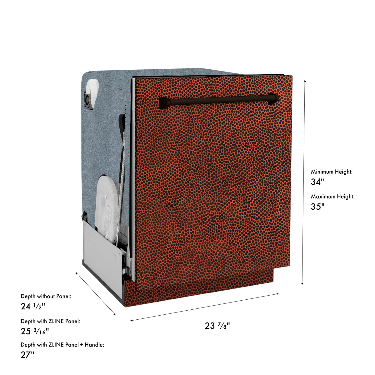 ZLINE dishwasher side view showing hammered copper panel and height notes