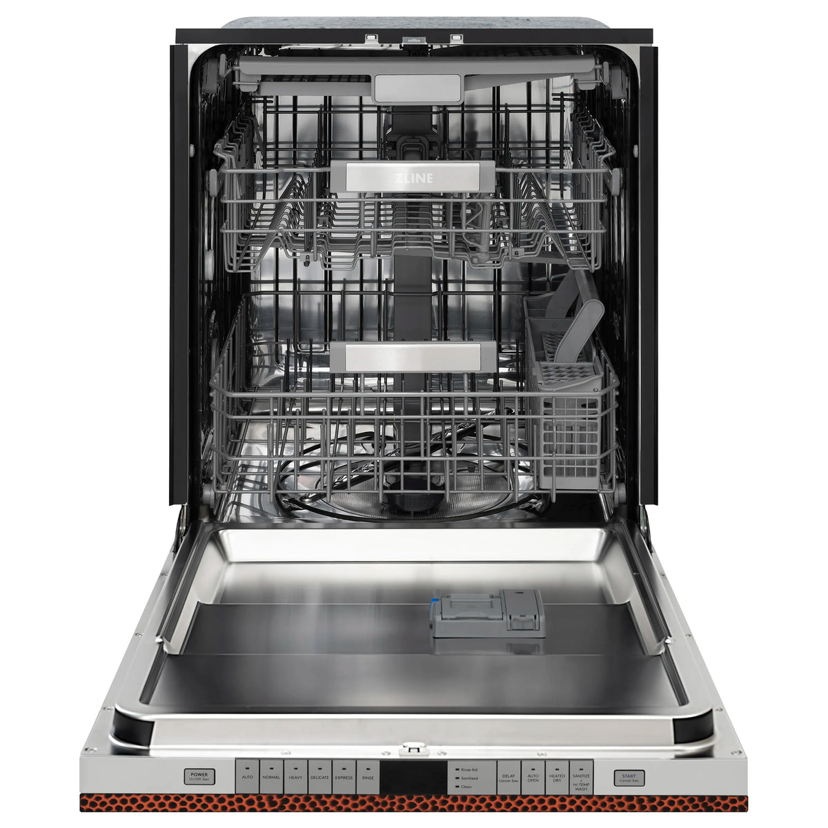 Dishwasher with open door showing stainless interior tub and loaded racks