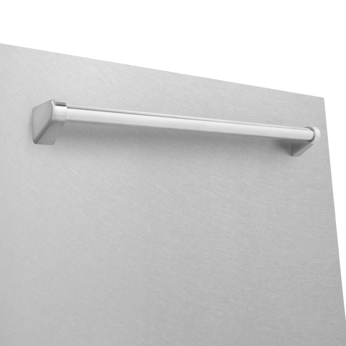 Satin stainless steel dishwasher door with horizontal handle.