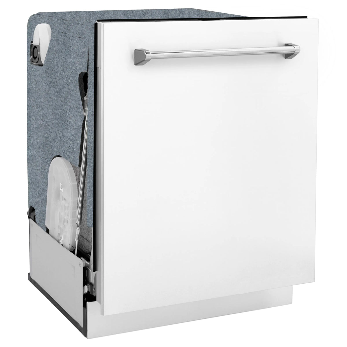 Dishwasher front door with white matte panel and stainless steel handle, side view
