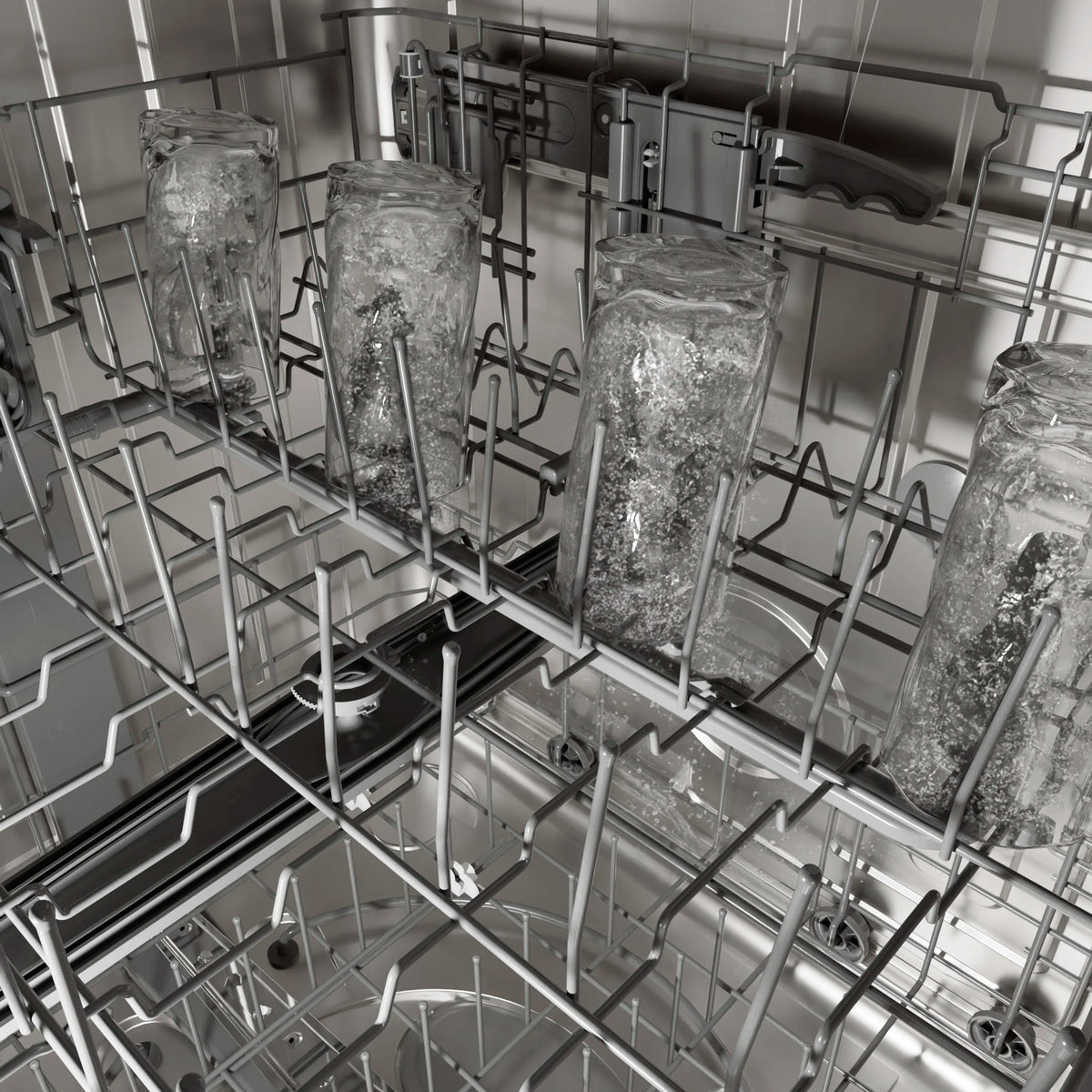 Dishwasher racks with tall drinking glasses secured in adjustable wire tines