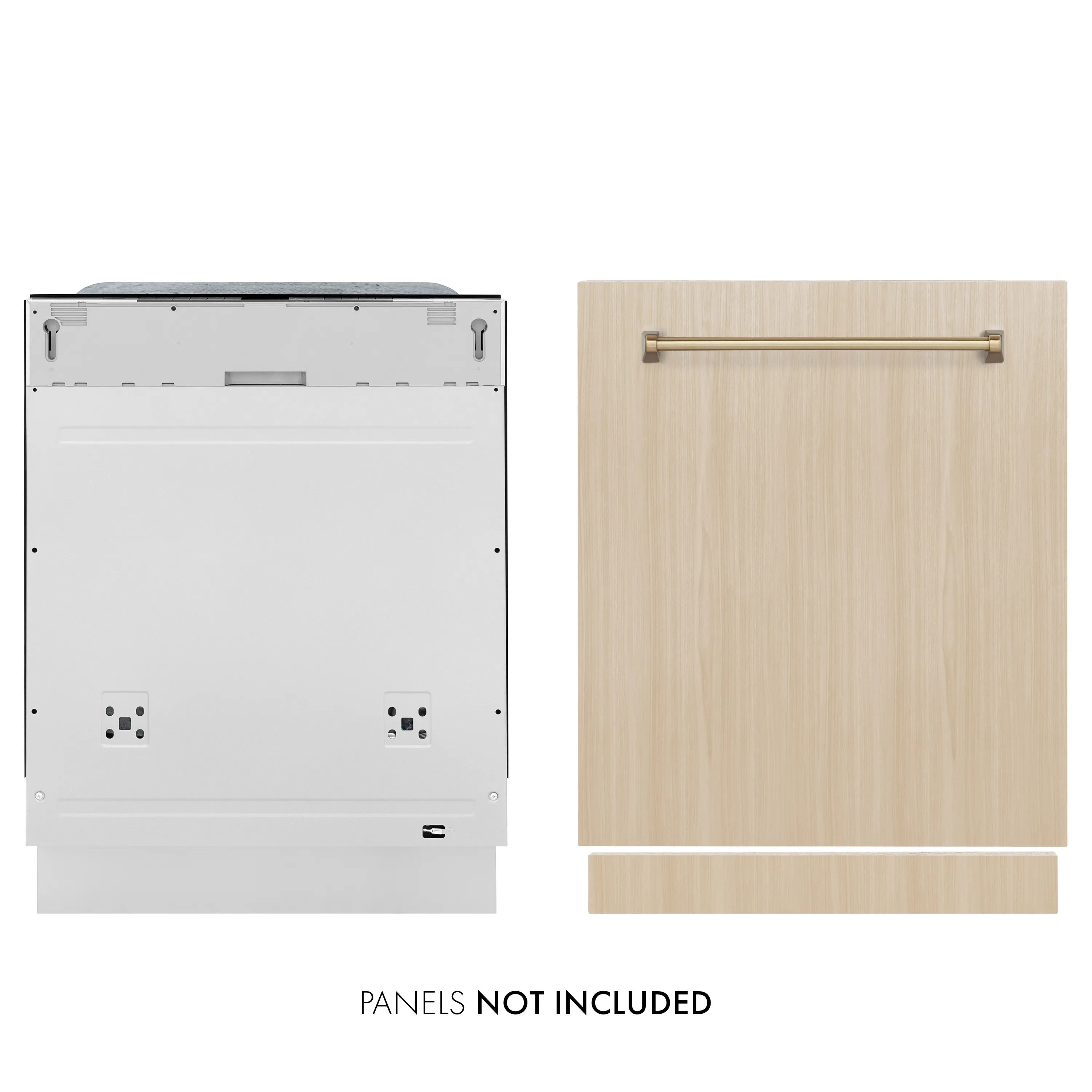 Panel-ready dishwasher with wood-look panel and bronze handle; panels not included