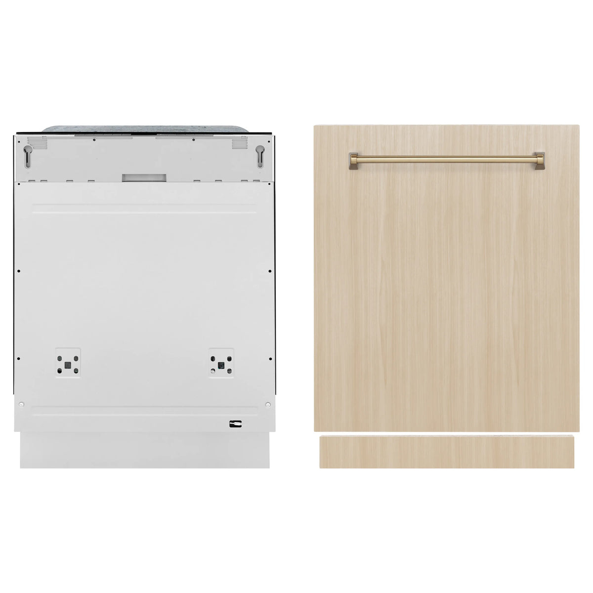 Panel-ready tall dishwasher with wood-look door panel and champagne bronze handle