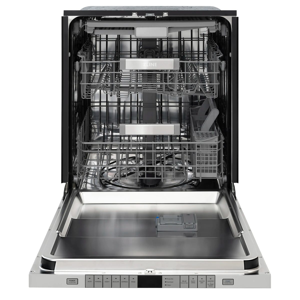 Tall tub dishwasher with open door showing stacked racks and spray system