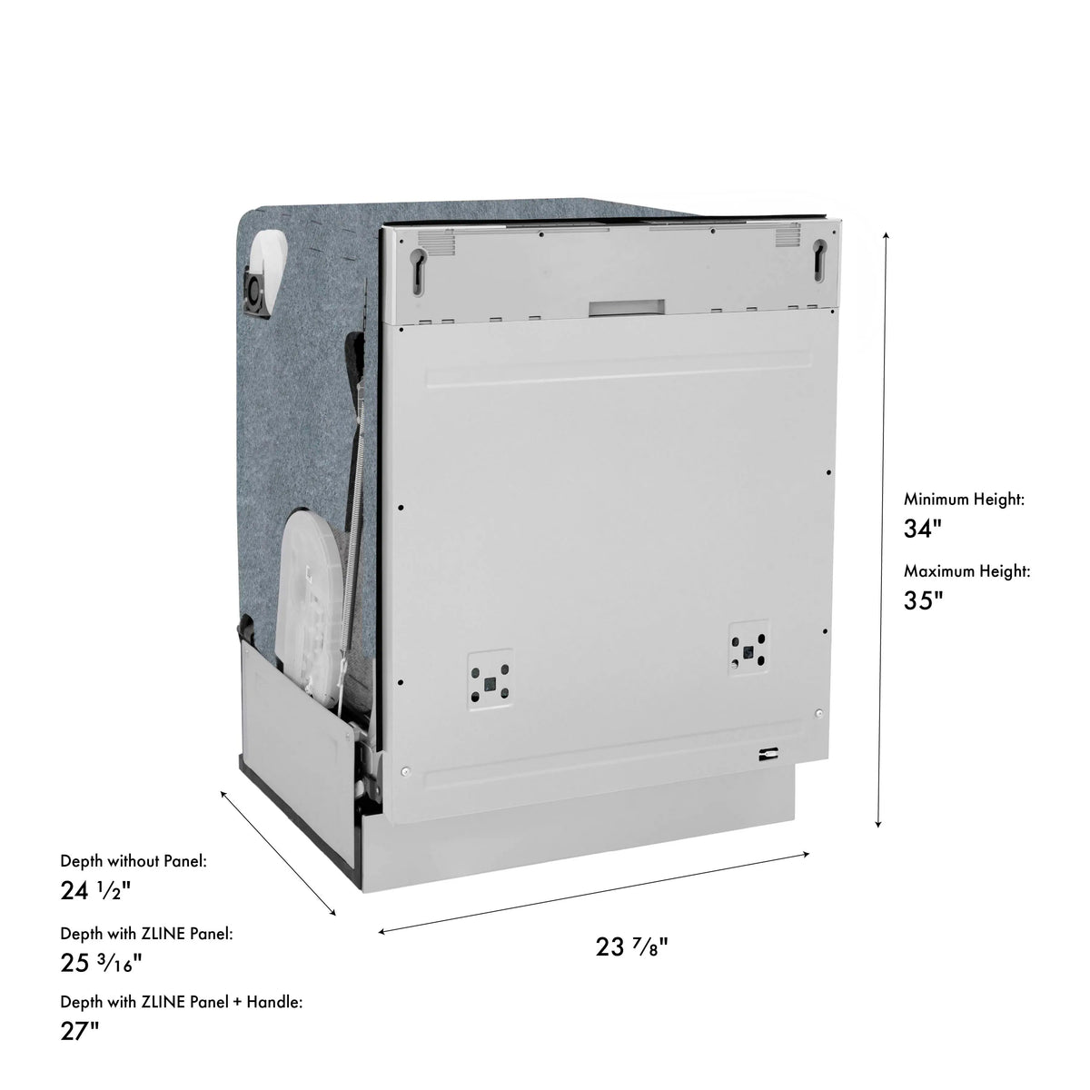 Tall tub dishwasher side/rear view with mounting measurements and depth without panel