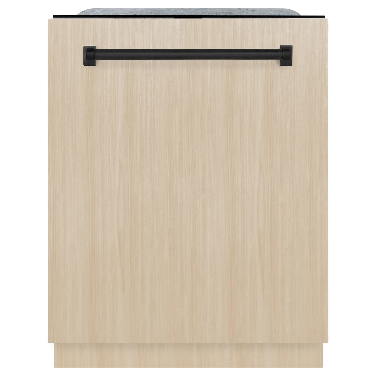 Panel-ready tall tub dishwasher front with black bar handle and wood-look panel